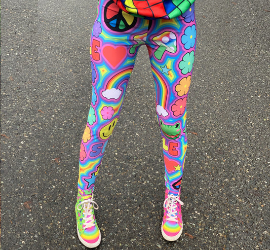 Model dressed in colorful Decora Kei and Kidcore fashion with vibrant pants.