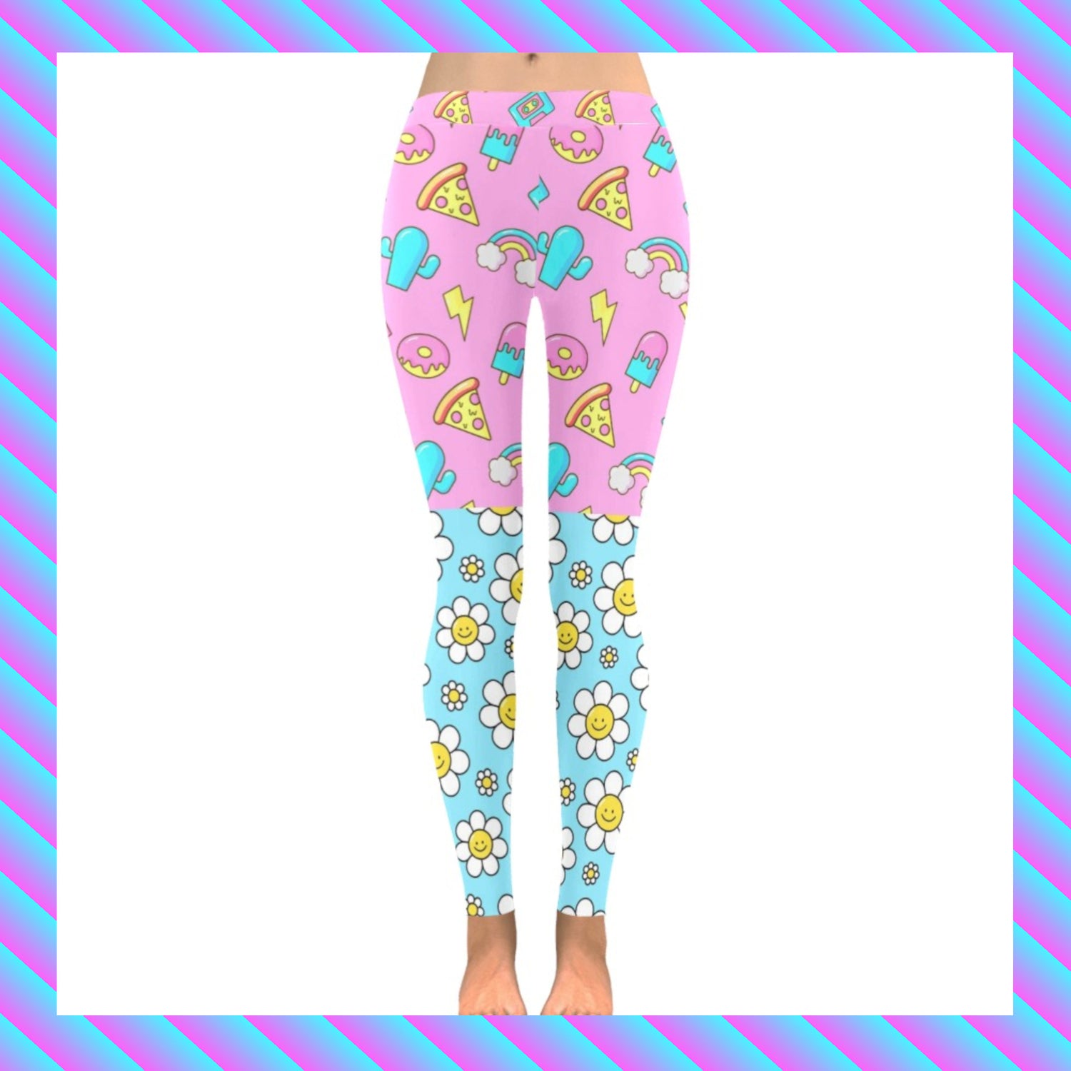 Harajuku Kidcore rainbowcore daisy pineapple lolly leggings displayed on clean white background
