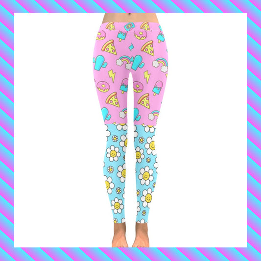 Harajuku Kidcore rainbowcore daisy pineapple lolly leggings displayed on clean white background