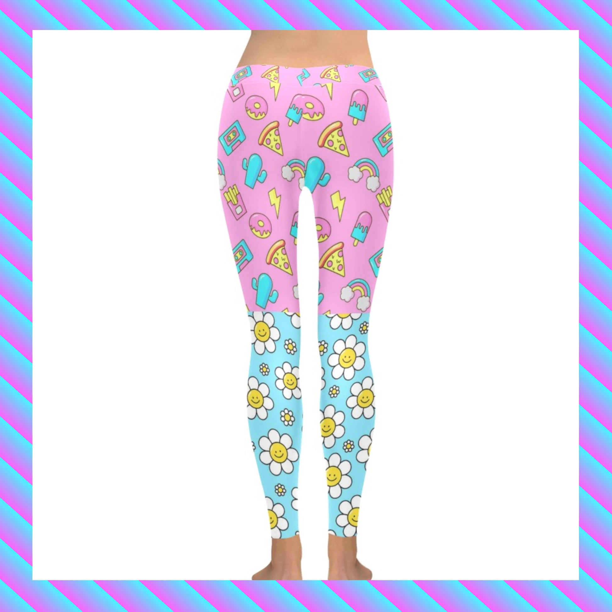 Harajuku Kidcore rainbowcore daisy pineapple lolly leggings displayed on clean white background