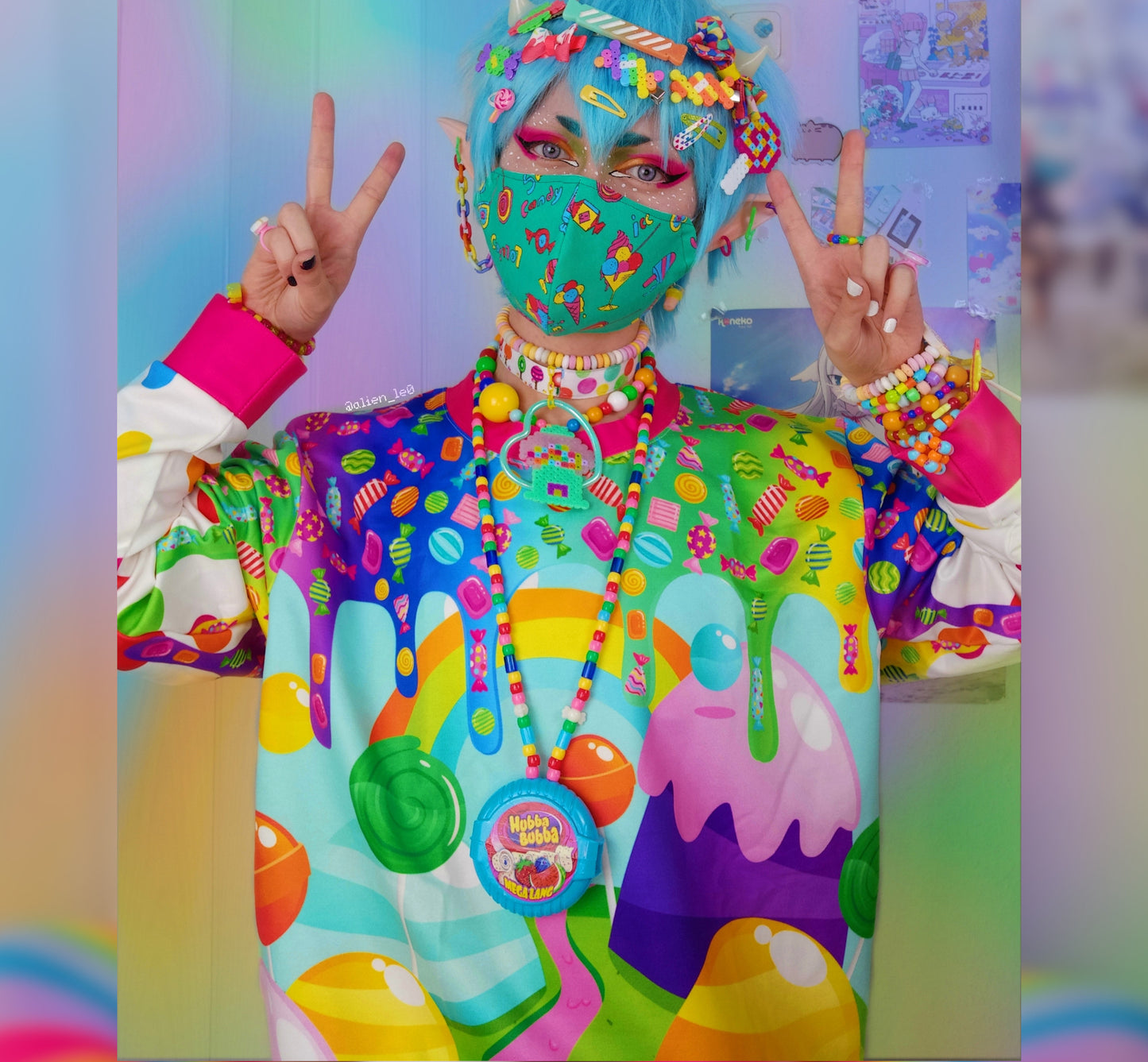 Young boy wearing a Harajuku Kidcore sweatshirt with a candy print