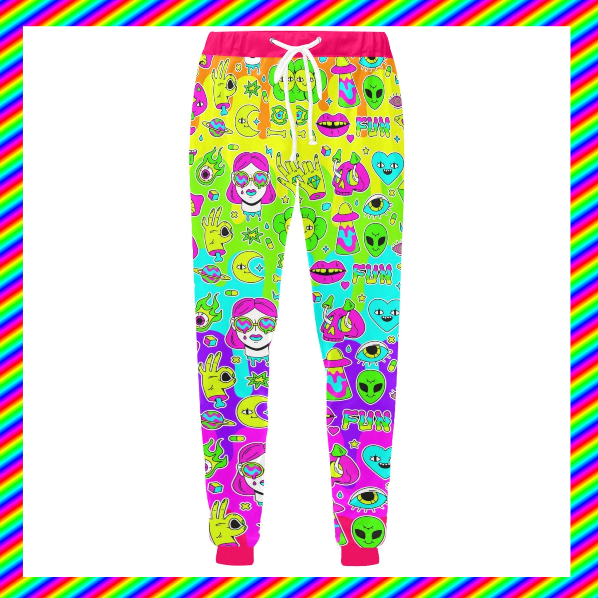 Harajuku Kidcore rainbow trippy Jogger Pants displayed on clean white background
