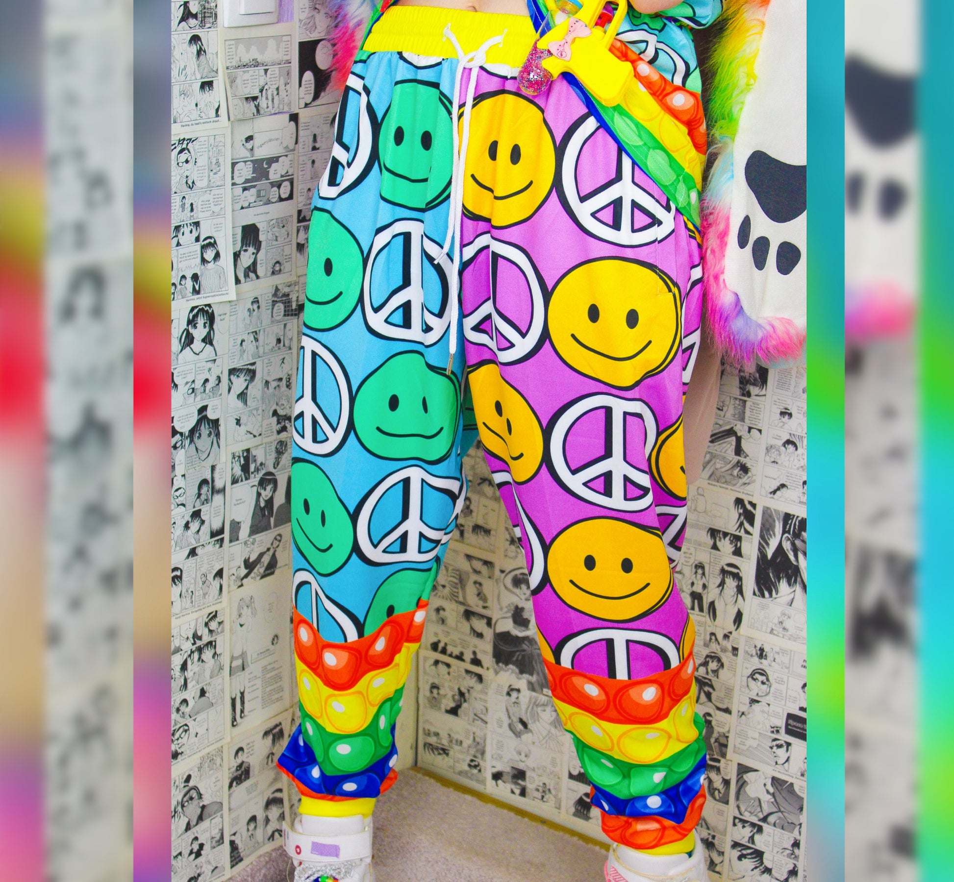 Model dressed in colorful Decora Kei and Kidcore fashion with vibrant pants.
