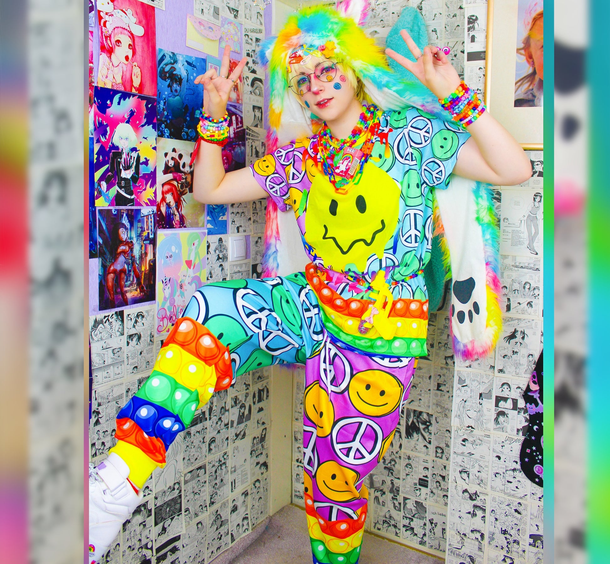 Model dressed in colorful Decora Kei and Kidcore fashion with vibrant pants.