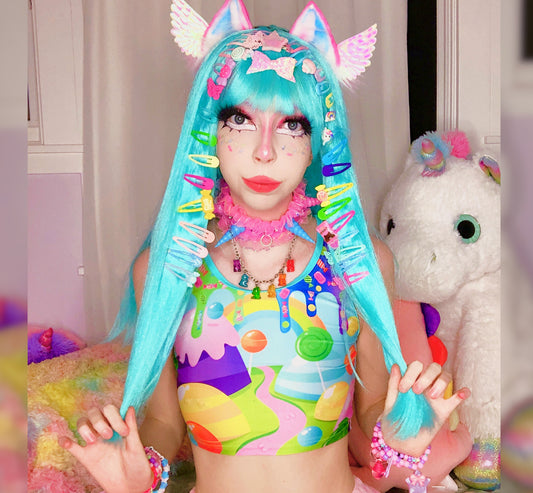 Model dressed in colorful Decora Kei and Kidcore fashion with vibrant colours