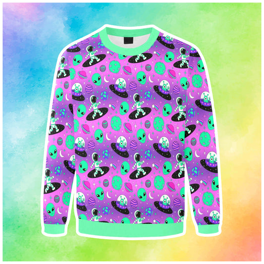 Harajuku alien Kidcore Decora Kei purple sweatshirt displayed on a coloured background