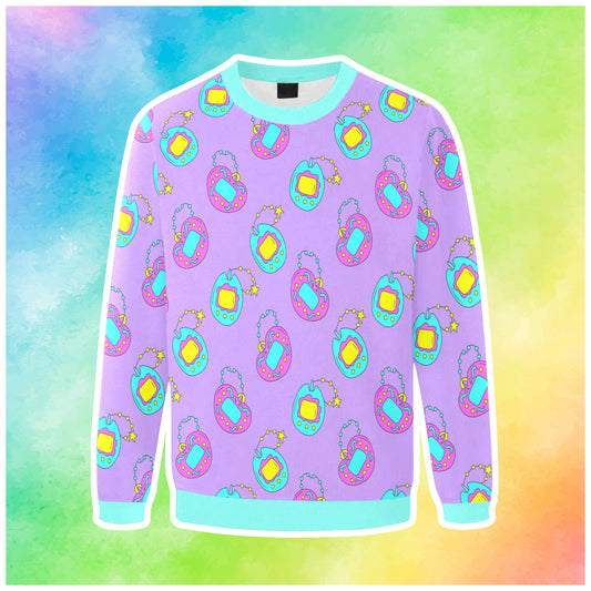 Harajuku tamagotchi sweatshirt  Kidcore Decora Kei displayed on a coloured background