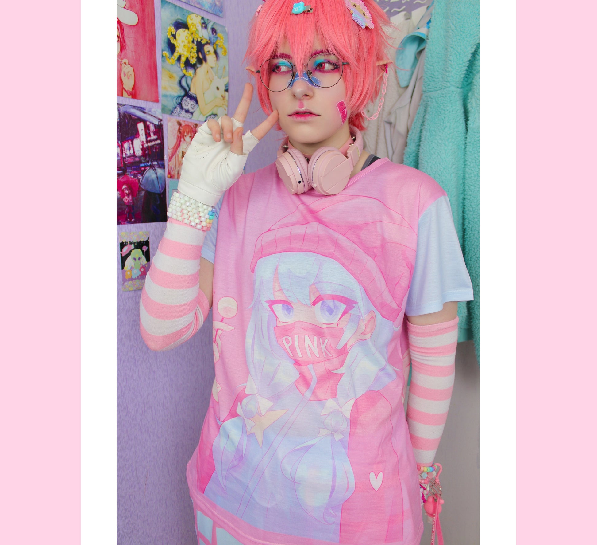 Youth model wearing a kawaii pastel goth shirt 