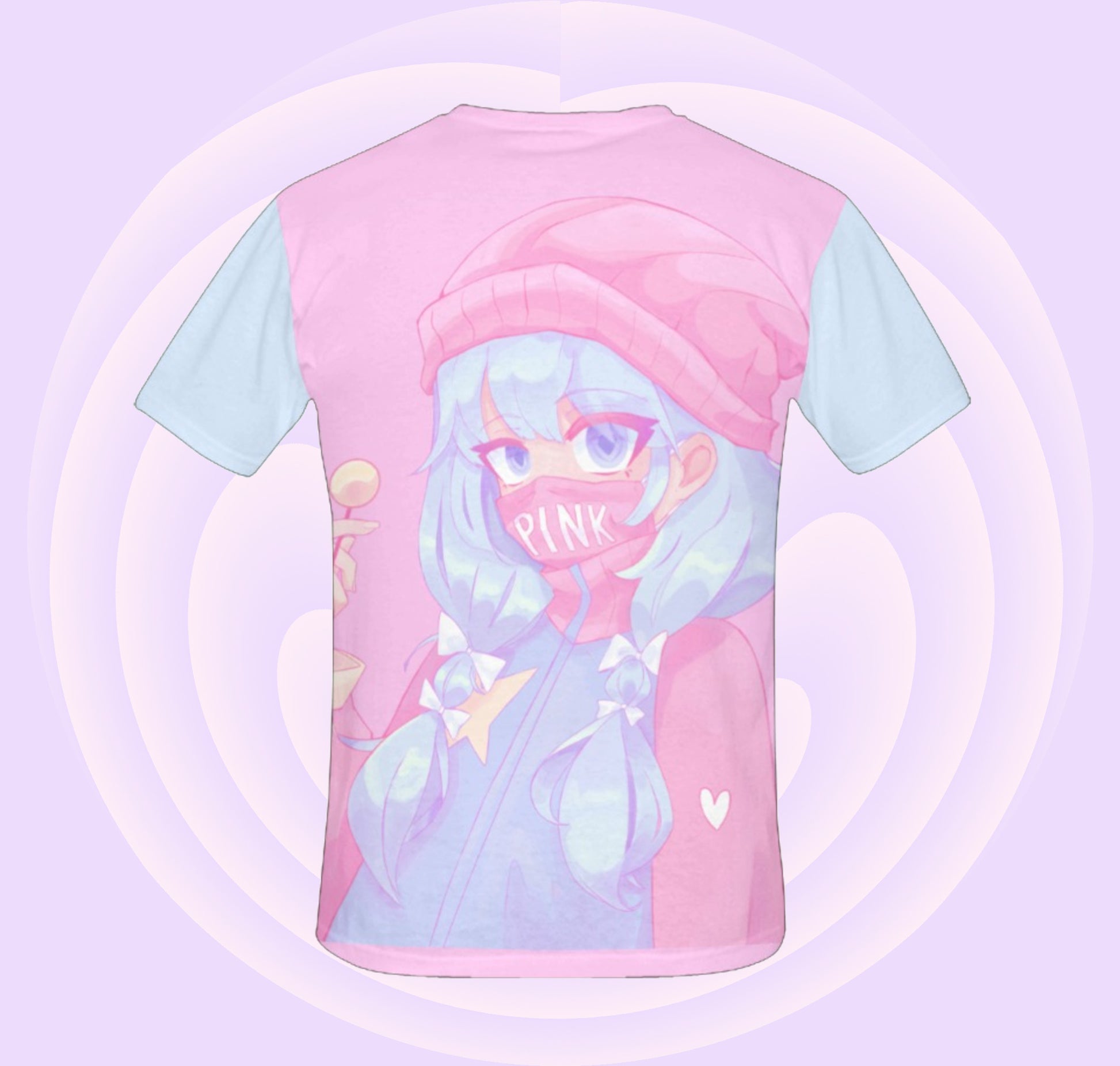 Pastel goth t-shirt  with pink mask print on pastel background.
