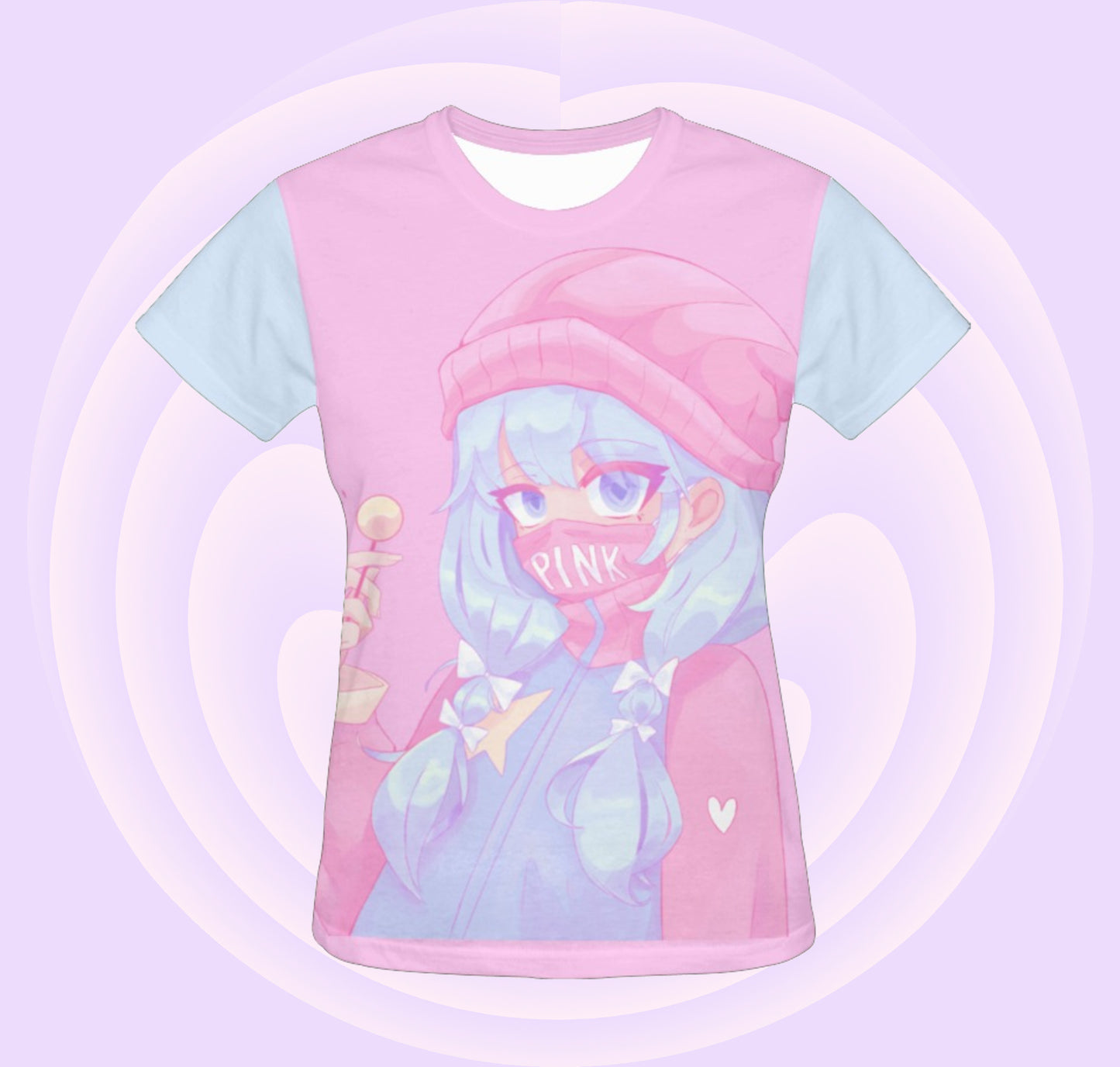 Pastel goth t-shirt  with pink mask print on pastel background.