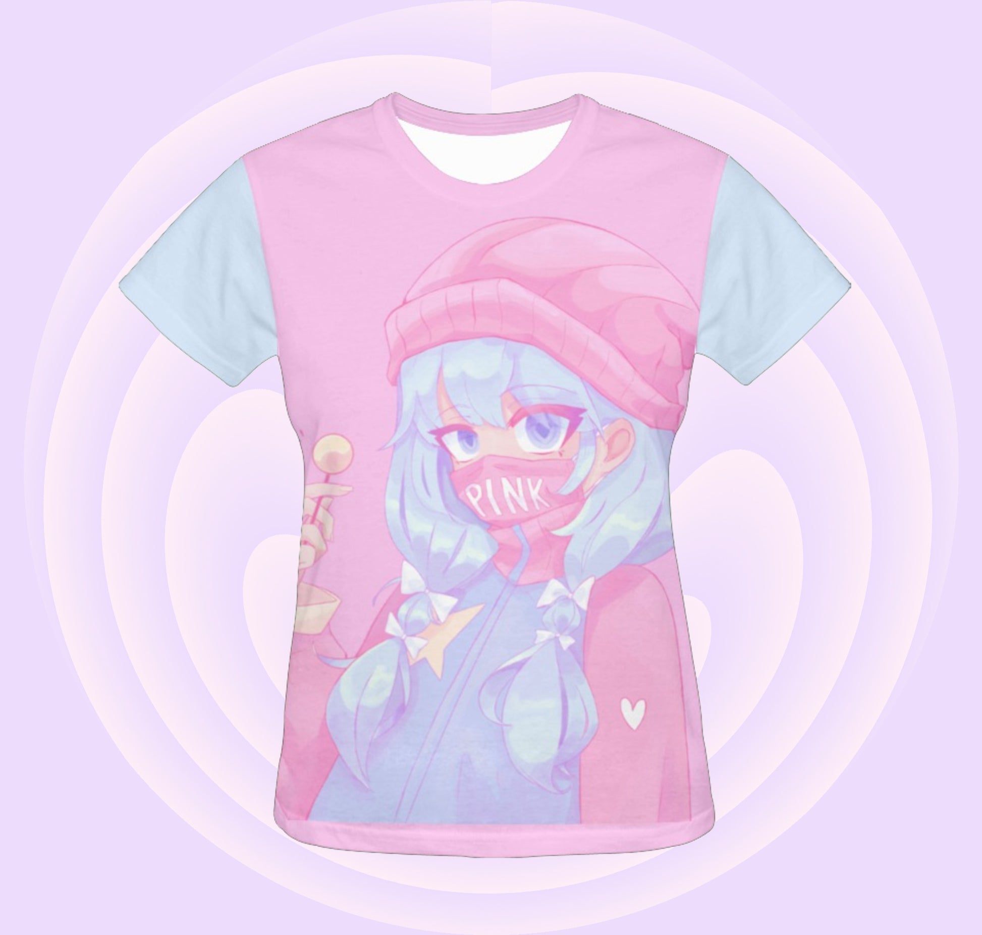 Pastel goth t-shirt  with pink mask print on pastel background.