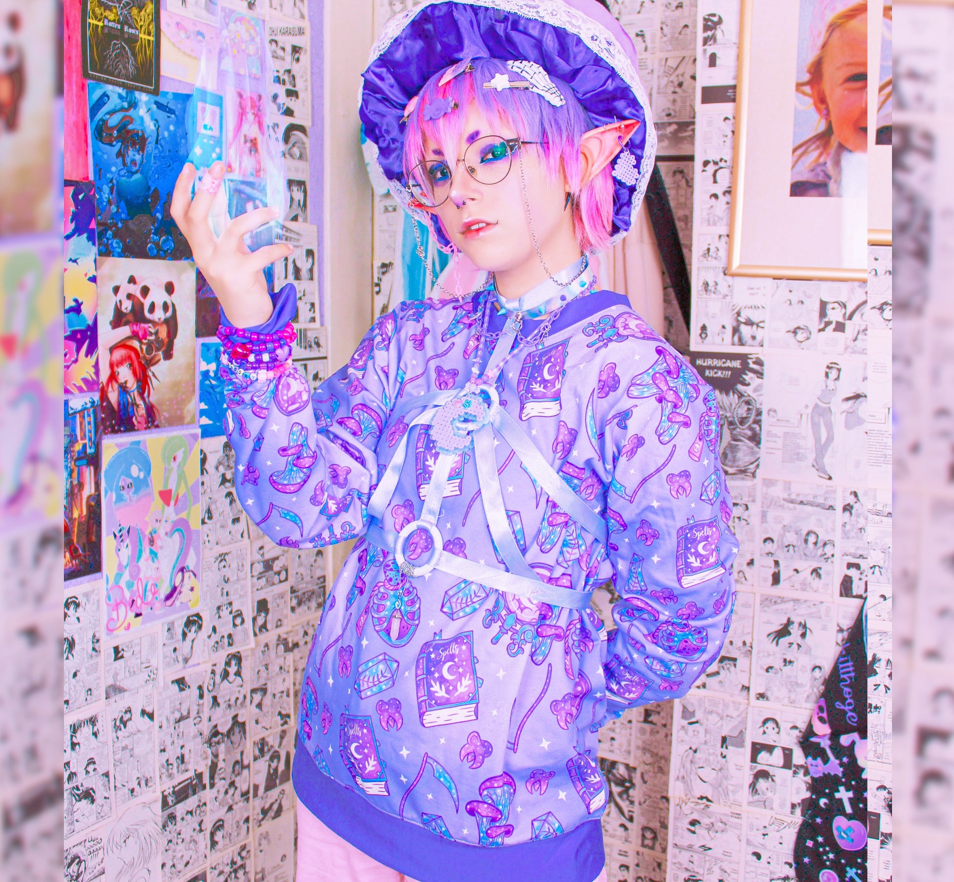 Youth model wearing a Kawaii Goth Witch Purple Sweatshirt