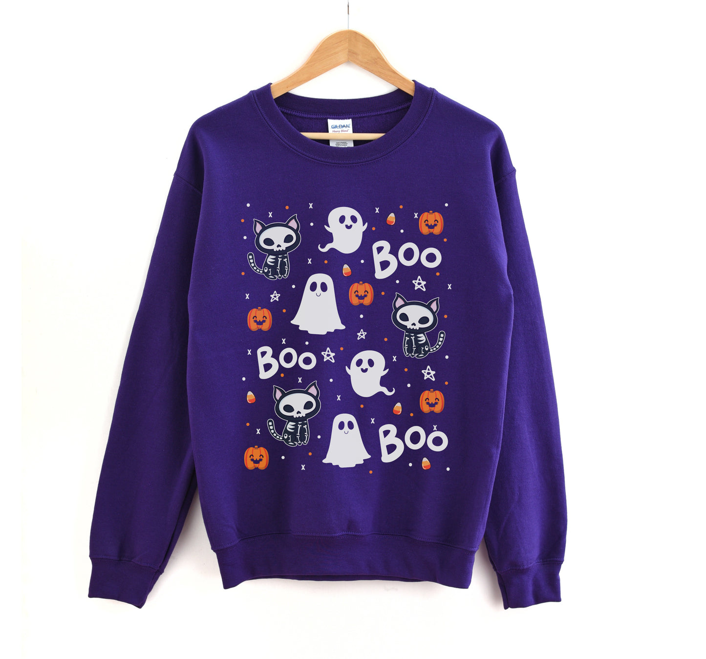 Purple Halloween kawaii sweatshirt displayed on clean white background