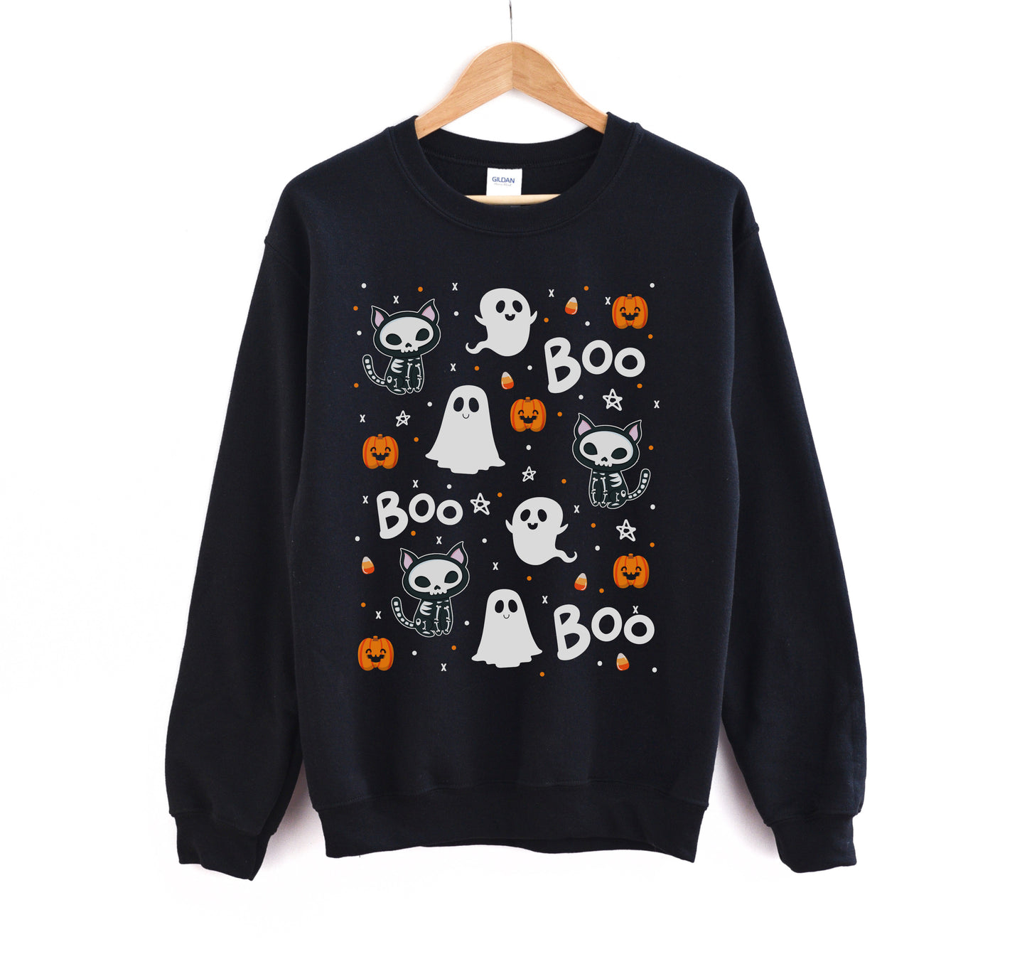 Black sweatshirt with Halloween-themed graphics on a white background
