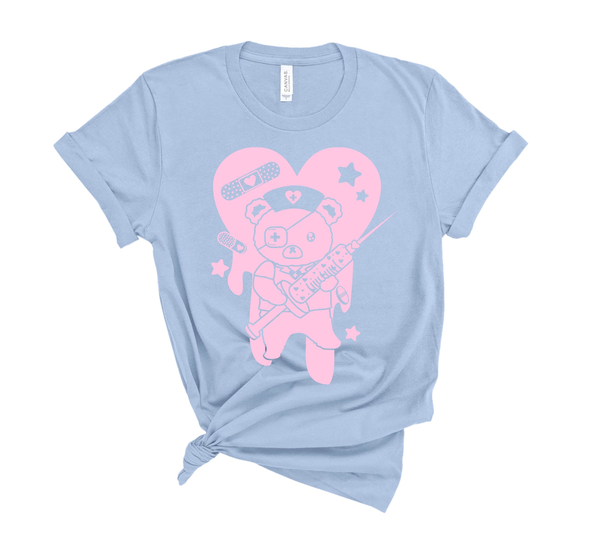 blue menhera Harajuku t-shirt with medical bear displayed on clean white background.