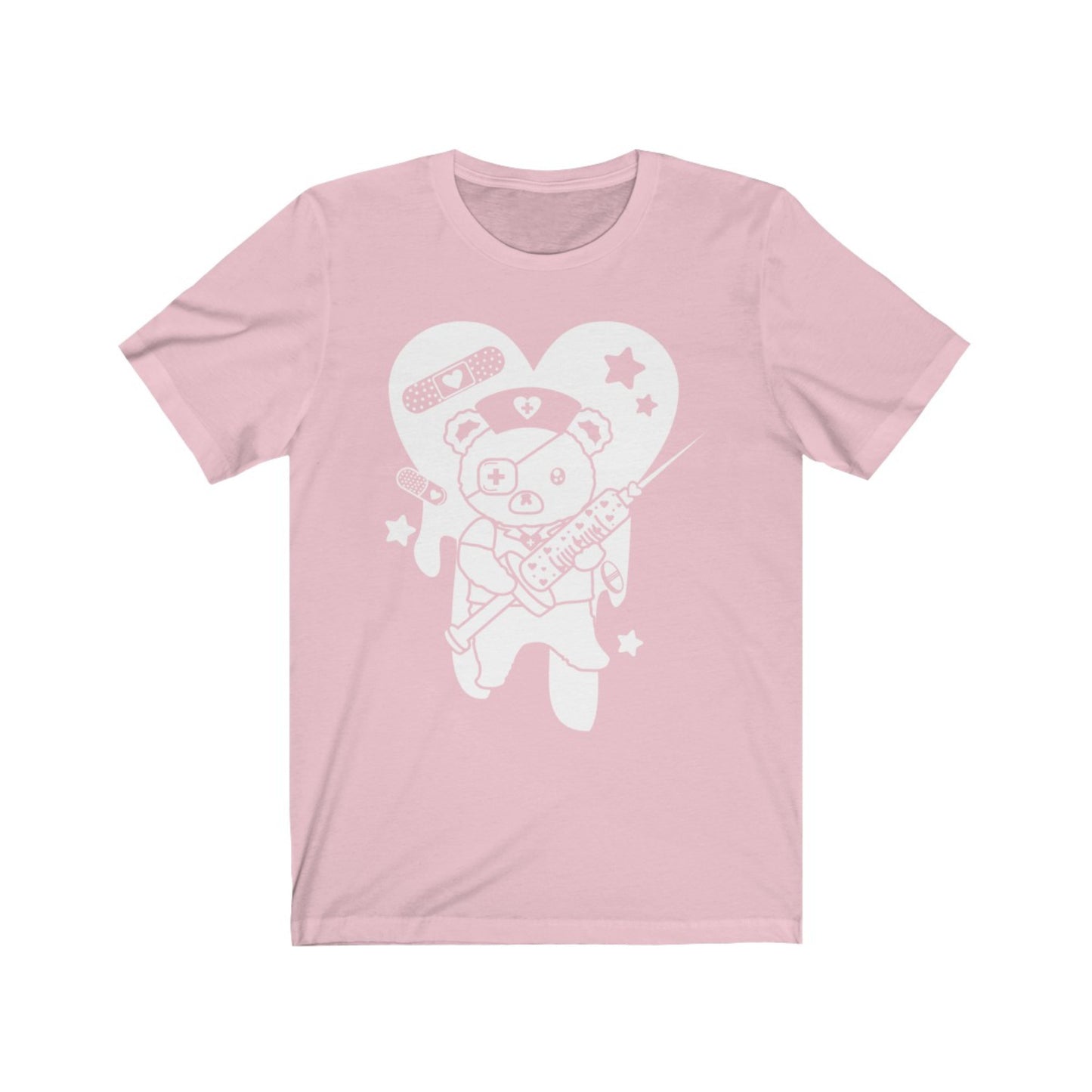 pink menhera Harajuku t-shirt with medical bear displayed on clean white background.