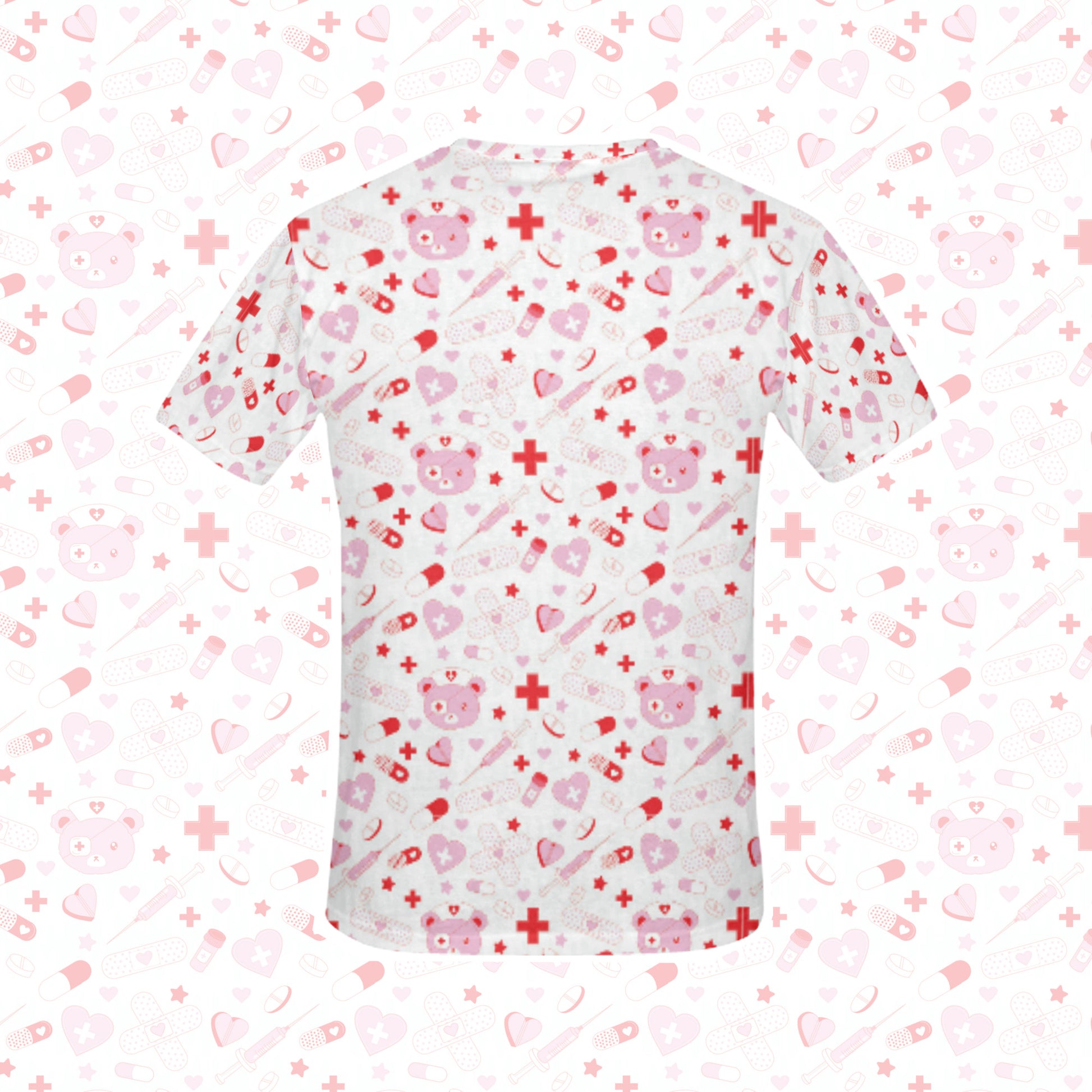 menhera kei t-shirt with medical bear displayed on patterned background.