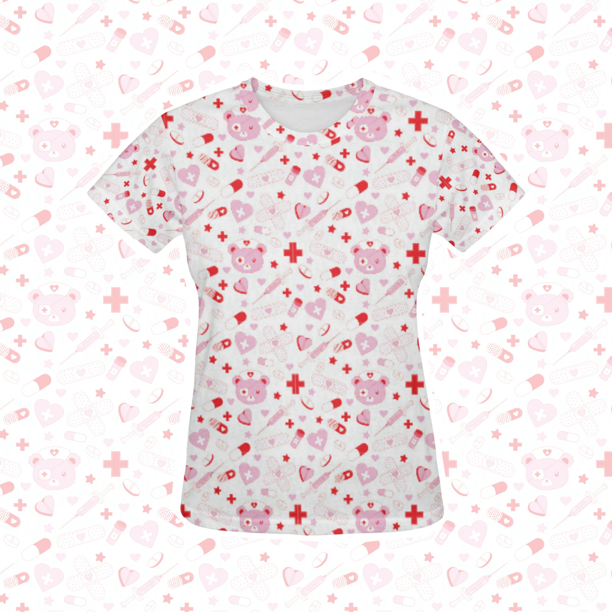 menhera kei t-shirt with medical bear displayed on patterned background.