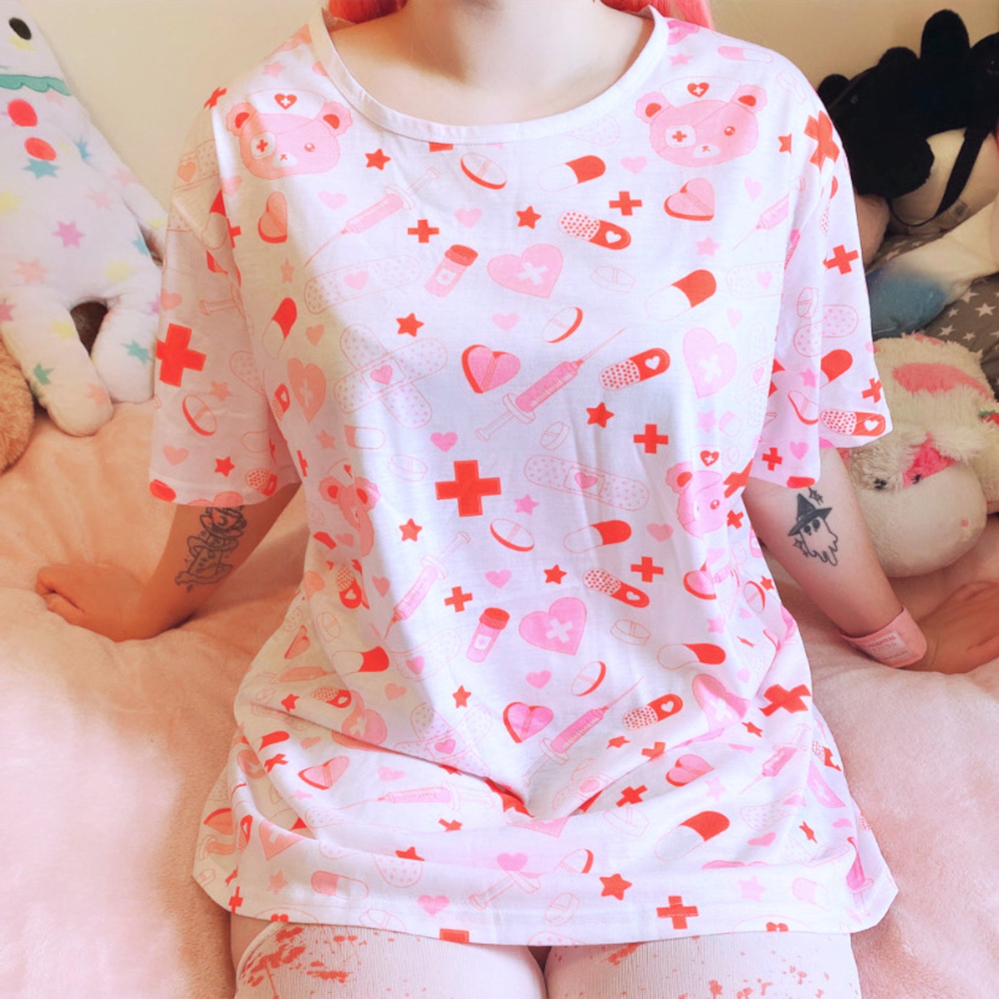 Young girl in a Kawaii Menhera Kei medical bear T-shirt