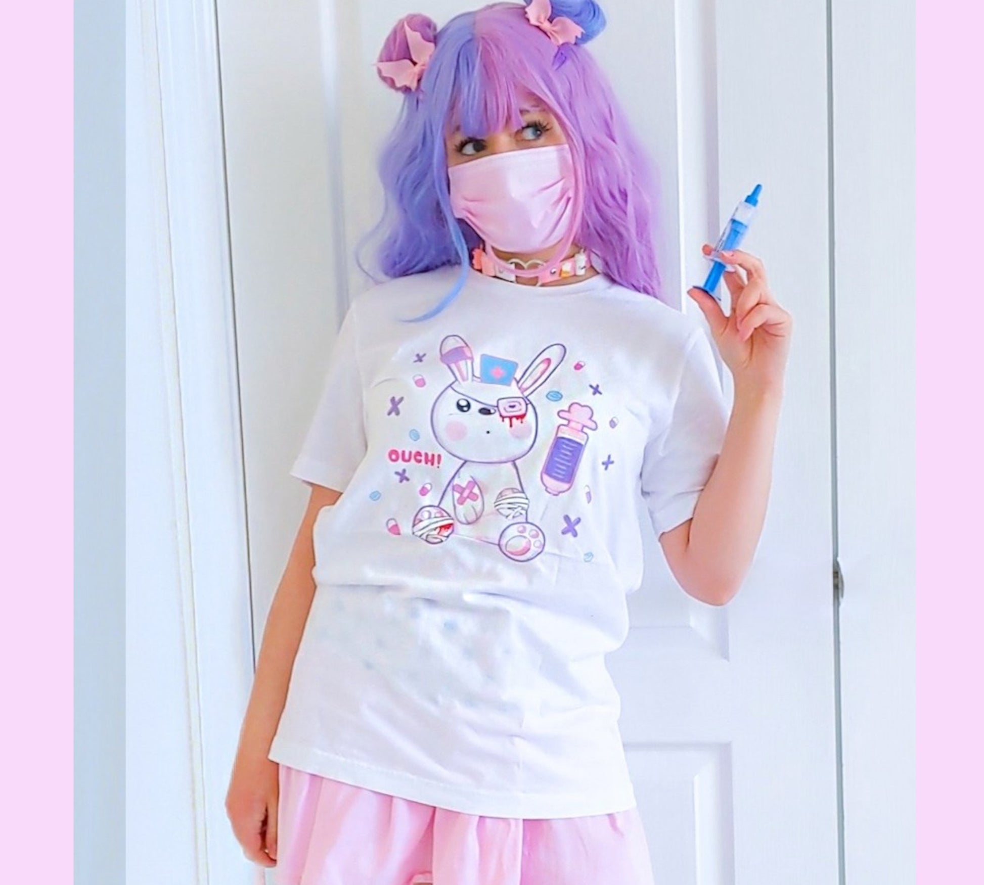 Young girl in a Kawaii Menhera Kei medical bunny T-shirt