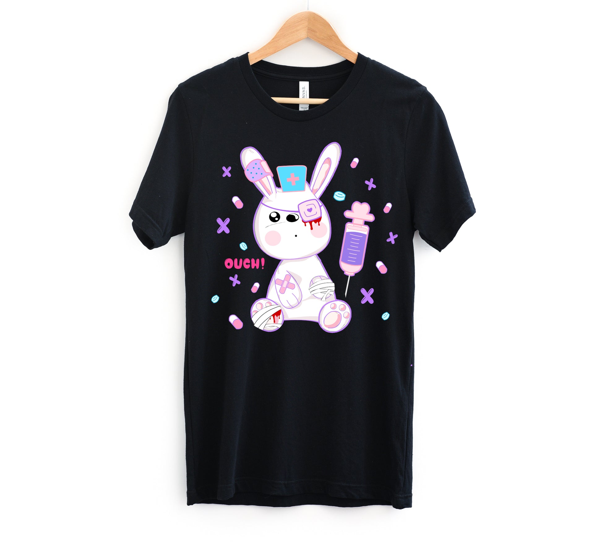 black menhera kei t-shirt with medical bunny displayed on clean white background.