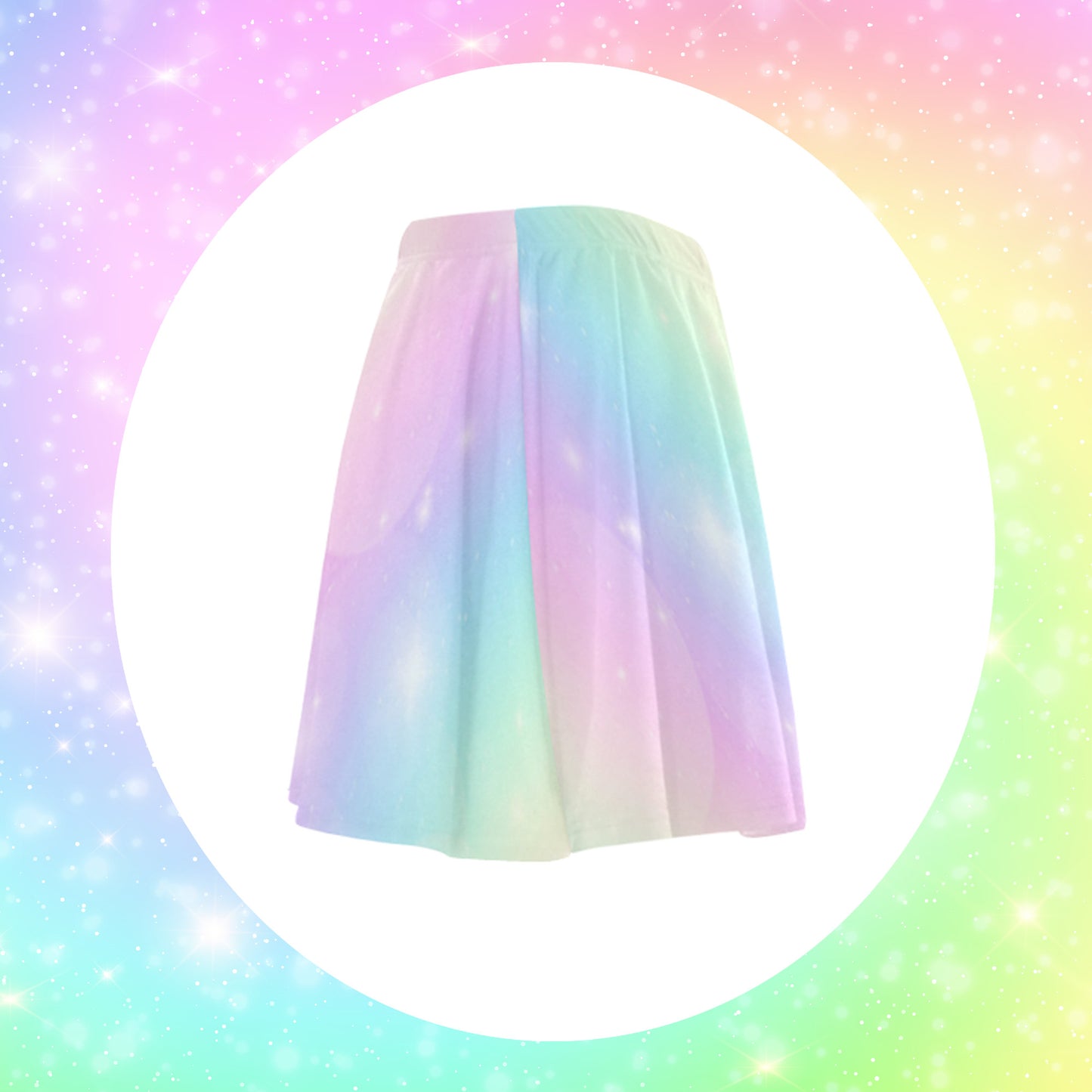 pastel rainbow yume kawaii skirt displayed on white background.
