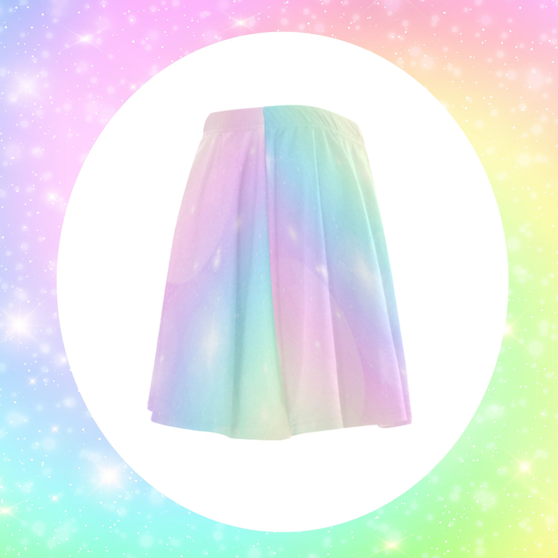 pastel rainbow yume kawaii skirt displayed on white background.