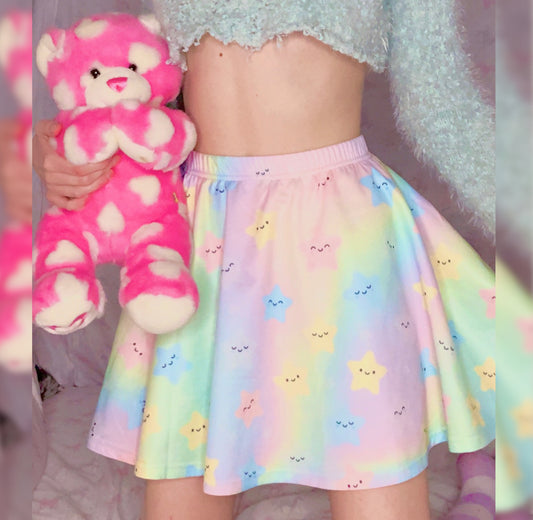model wearing a cute kawaii rainbow  stars skirt