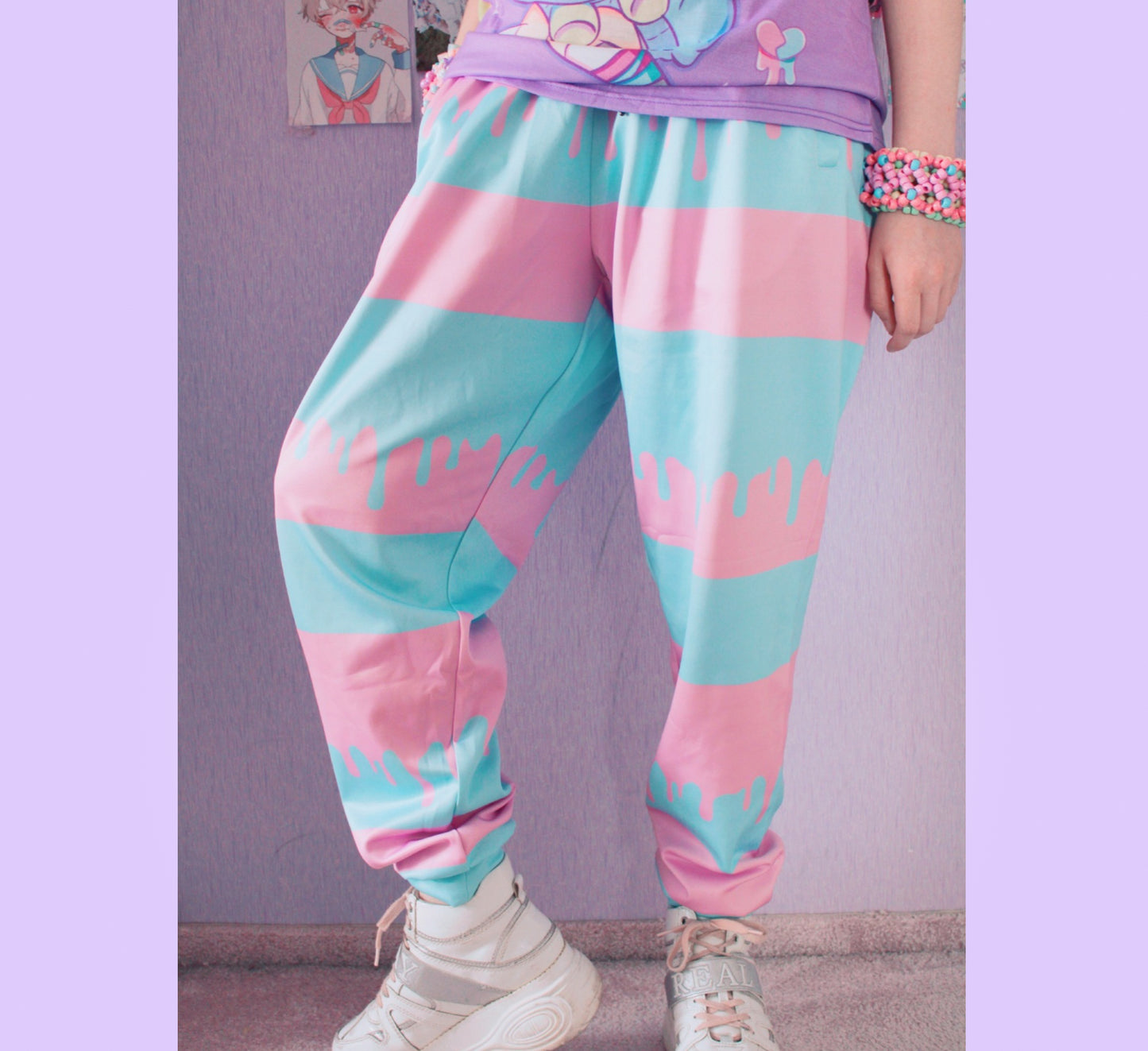 model wearing Kawaii Pastel Unisex Cute and Creepy Jogger pants