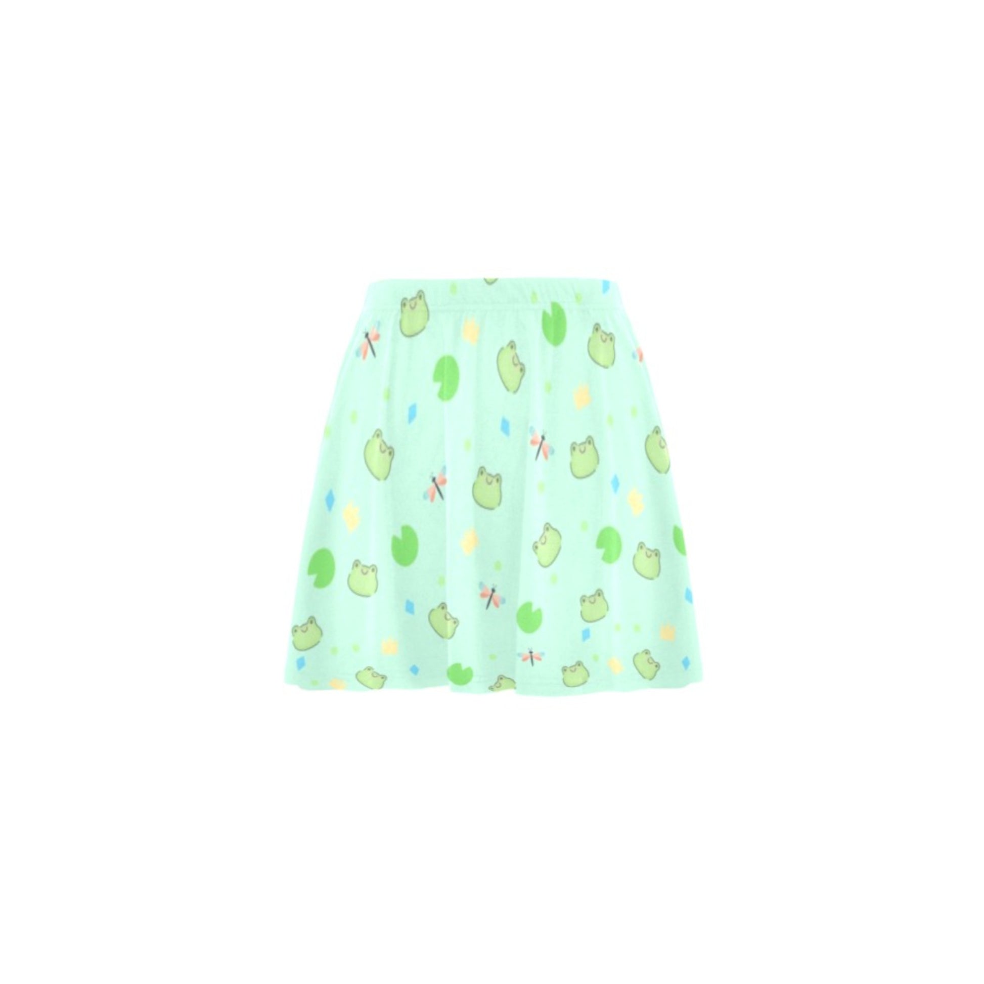 Kawaii mint frog pastel skirt displayed on clean white background.
