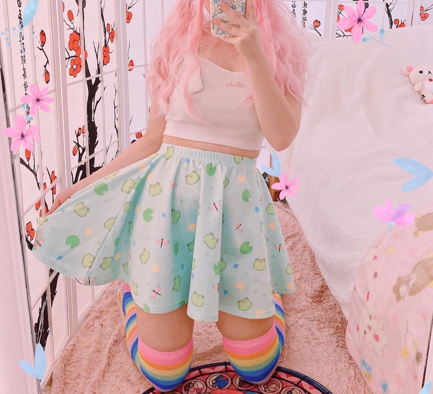 Cute girl modeling  Kawaii_frog_fairy kei mint skater skirt