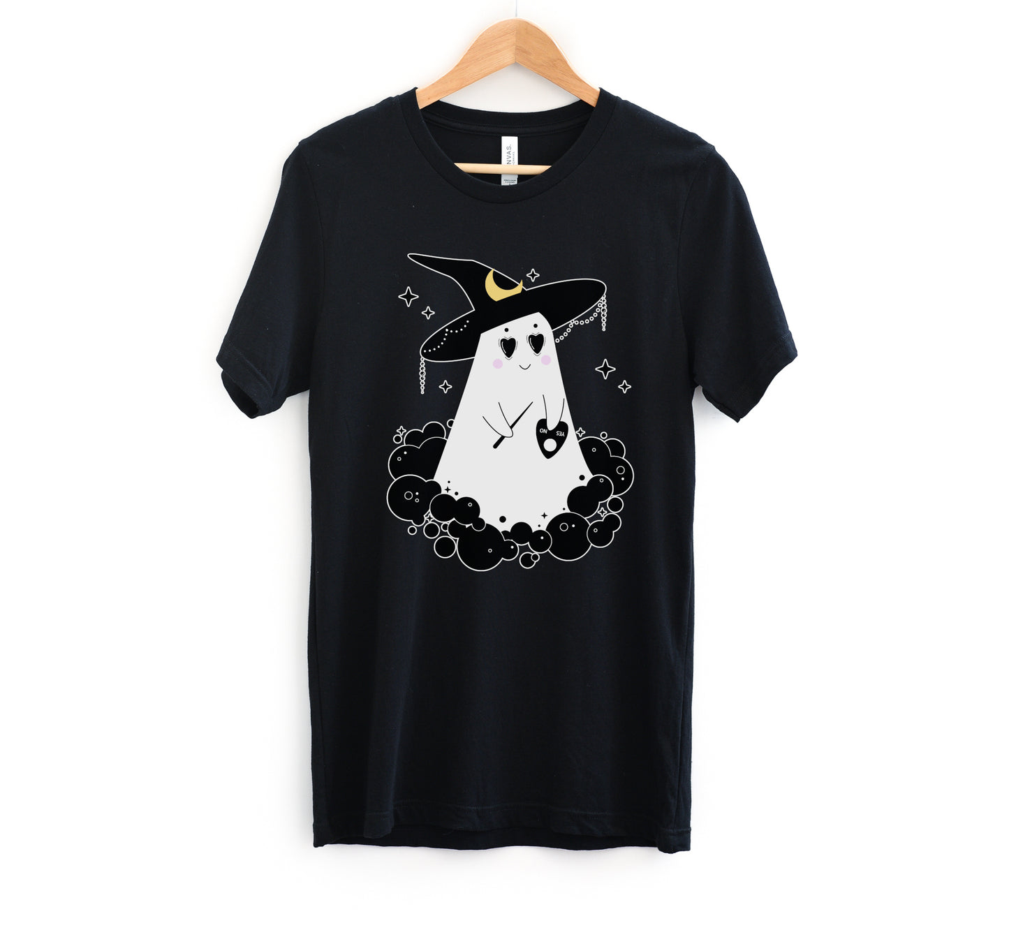 Cute Halloween ghost black shirt displayed on clean white background.