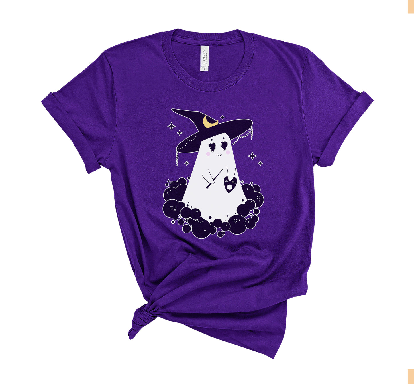 Cute Halloween ghost purple shirt displayed on clean white background.