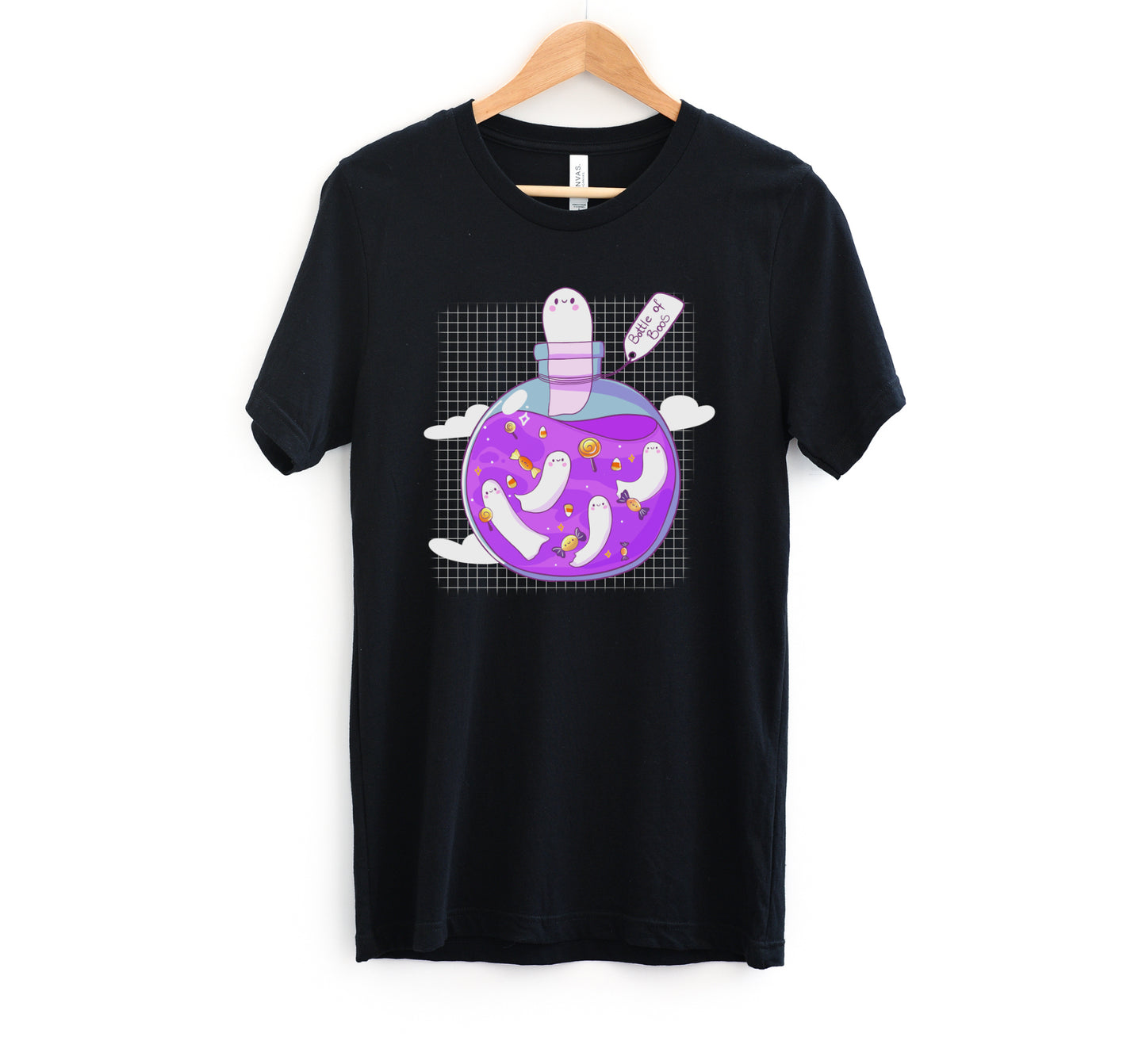 Black t-shirt with Halloween ghost design on a white background