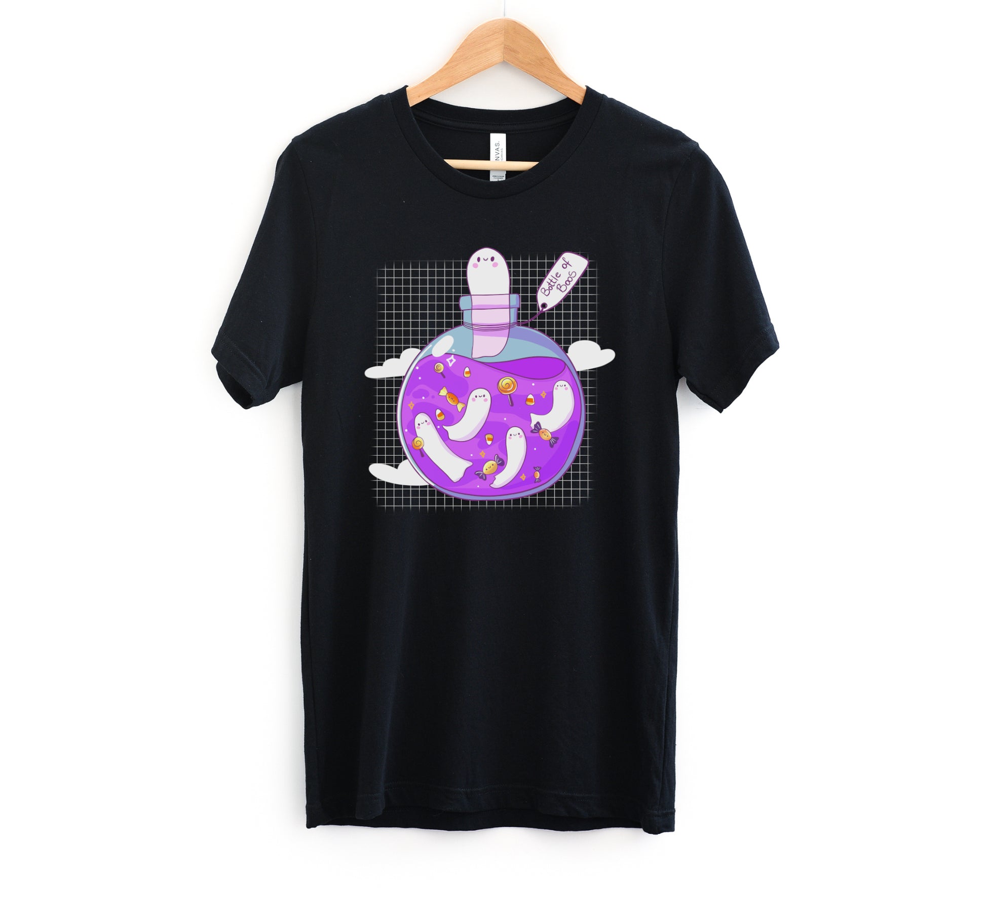 Black t-shirt with Halloween ghost design on a white background