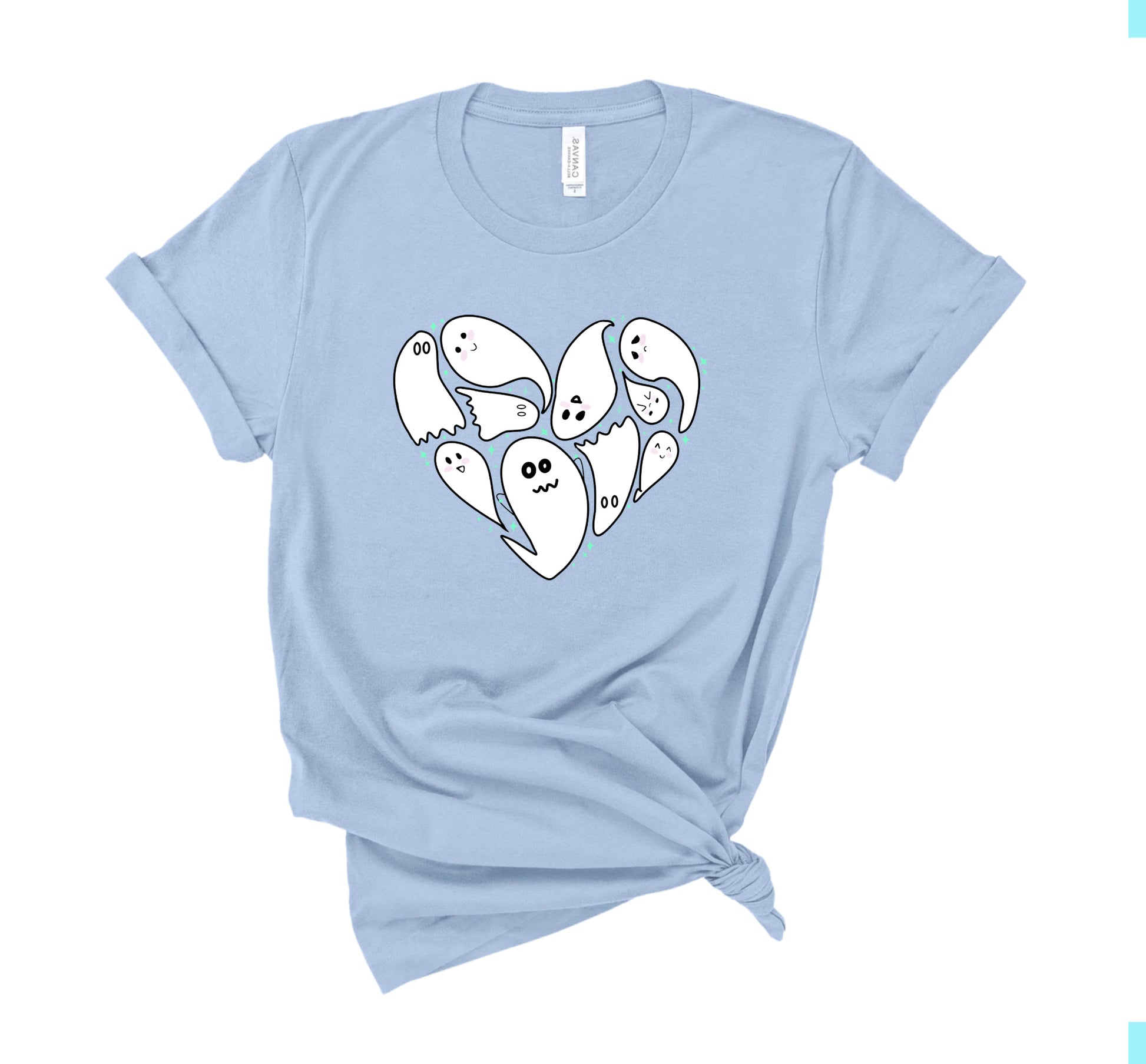 Light blue t-shirt with Halloween ghost design on a white background