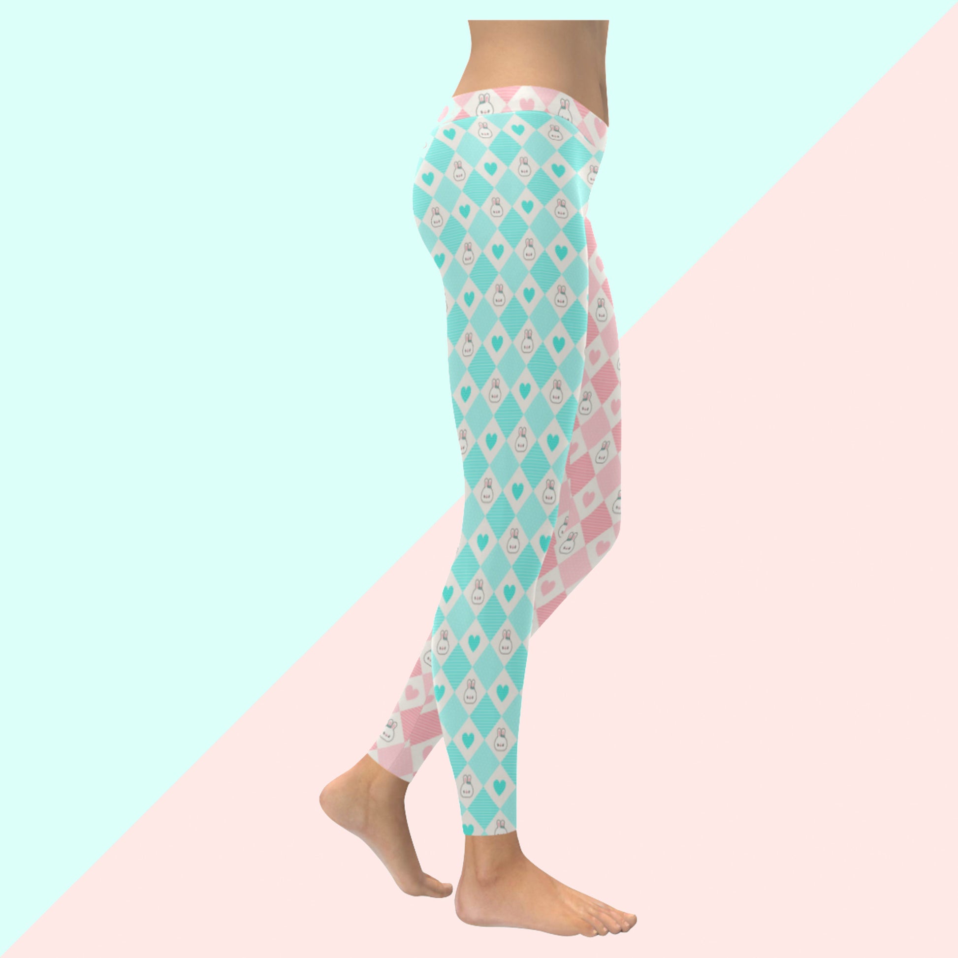 Youthful model wearing cute bunny kawaii leggings in pastel colours  on pink and blue background
