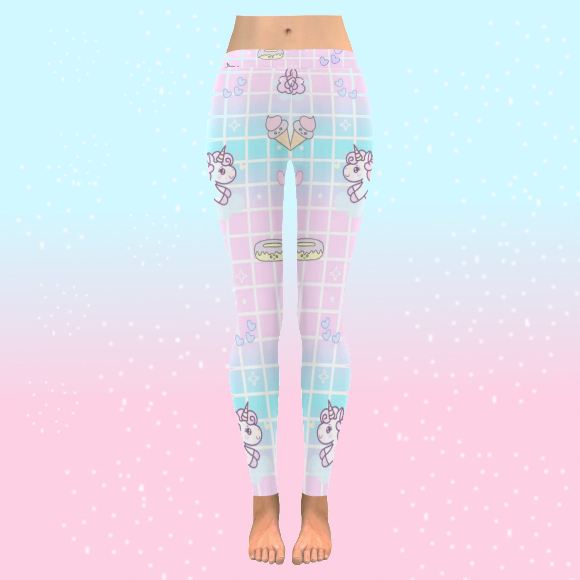 model wearing cute unicorn kawaii leggings on pink and blue background