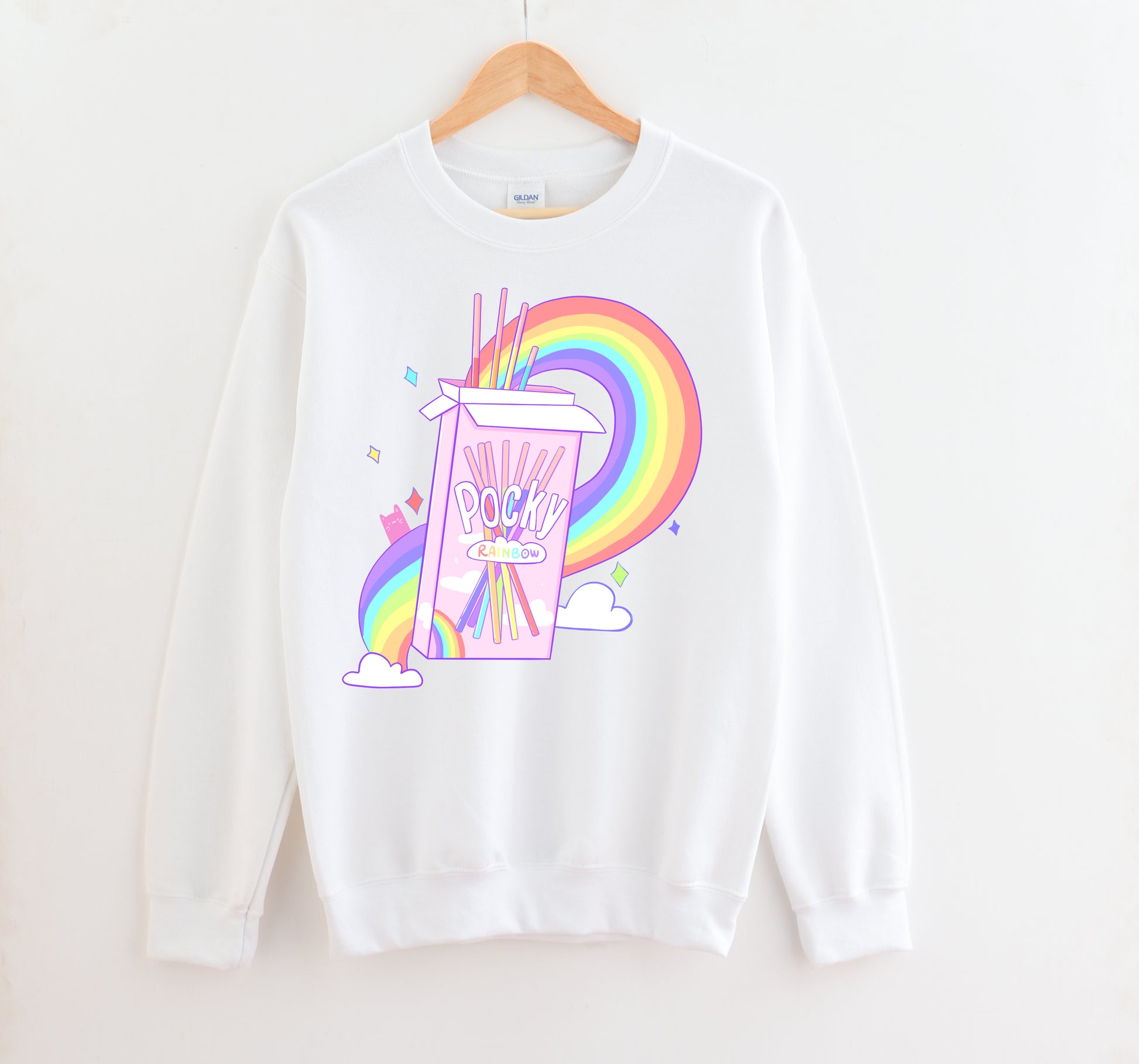 White LGBT kawaii t-shirt with pocky rainbow print on white background.