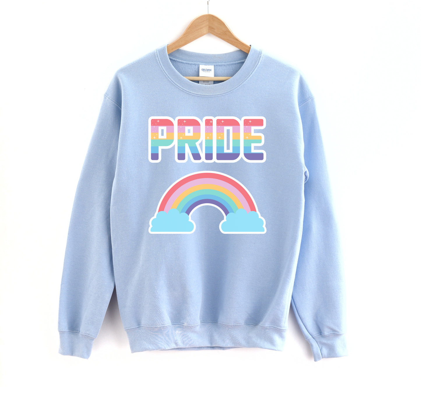 Blue  LGBT kawaii t-shirt with rainbow print on white background.