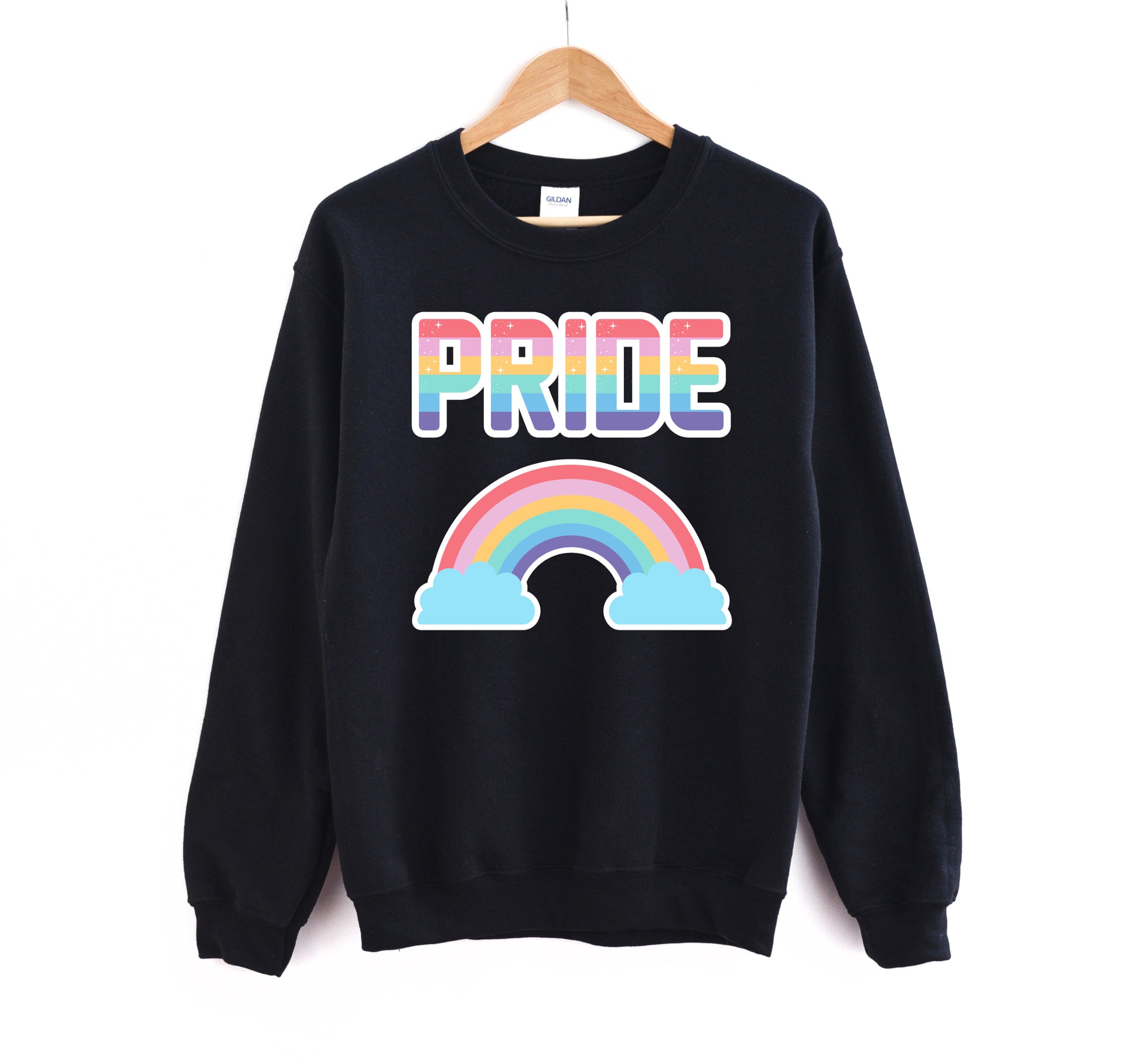 Black LGBT kawaii t-shirt with rainbow print on white background.