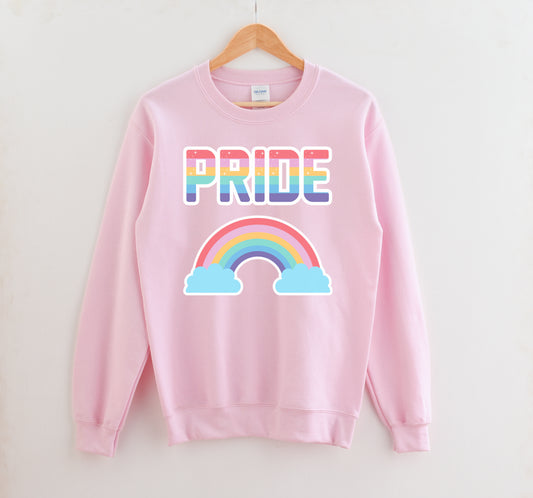 Pink LGBT kawaii t-shirt with rainbow print on white background.