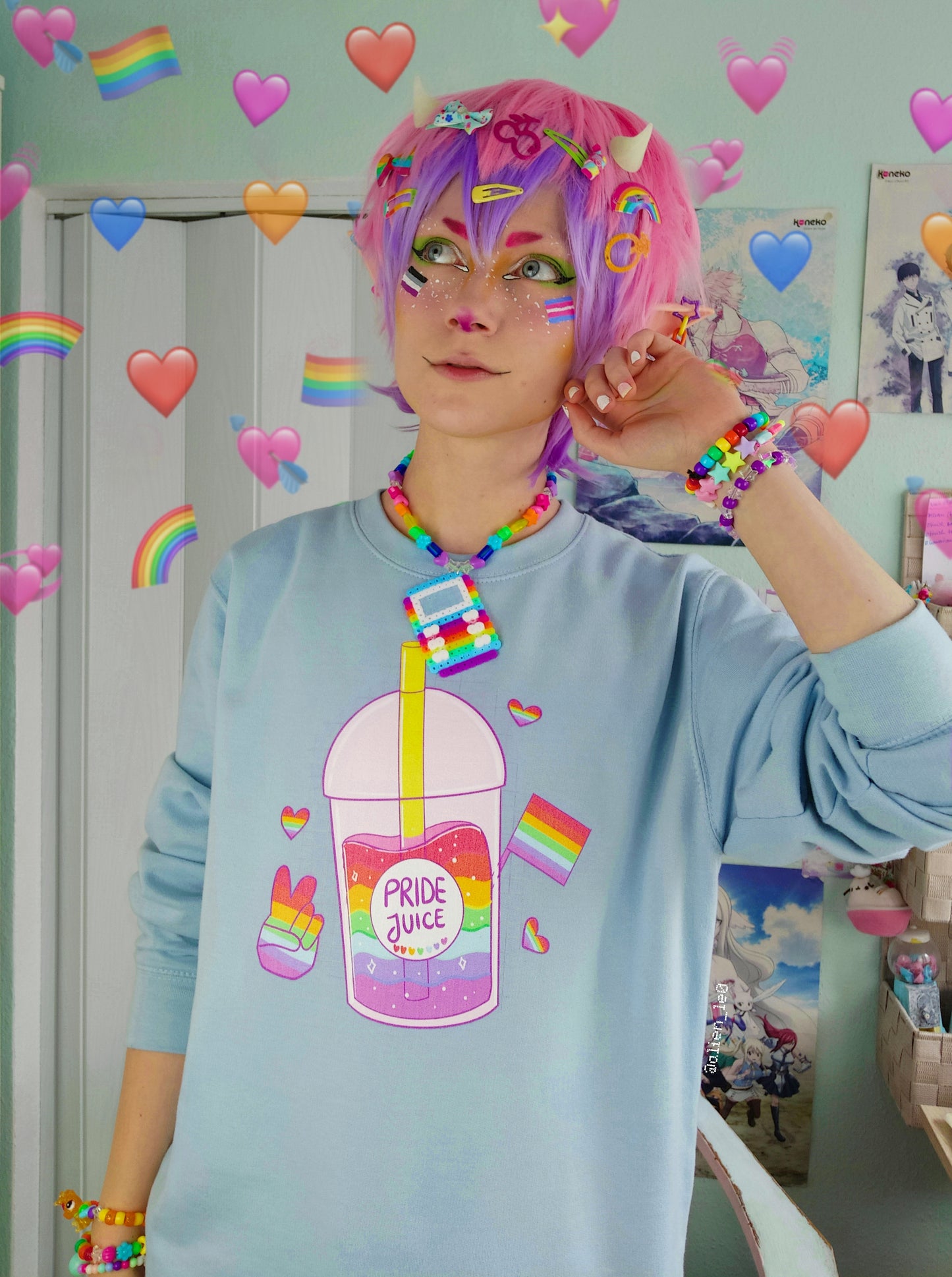 Young boy wearing a pastel kawaii pride t-shirt with a cute print
