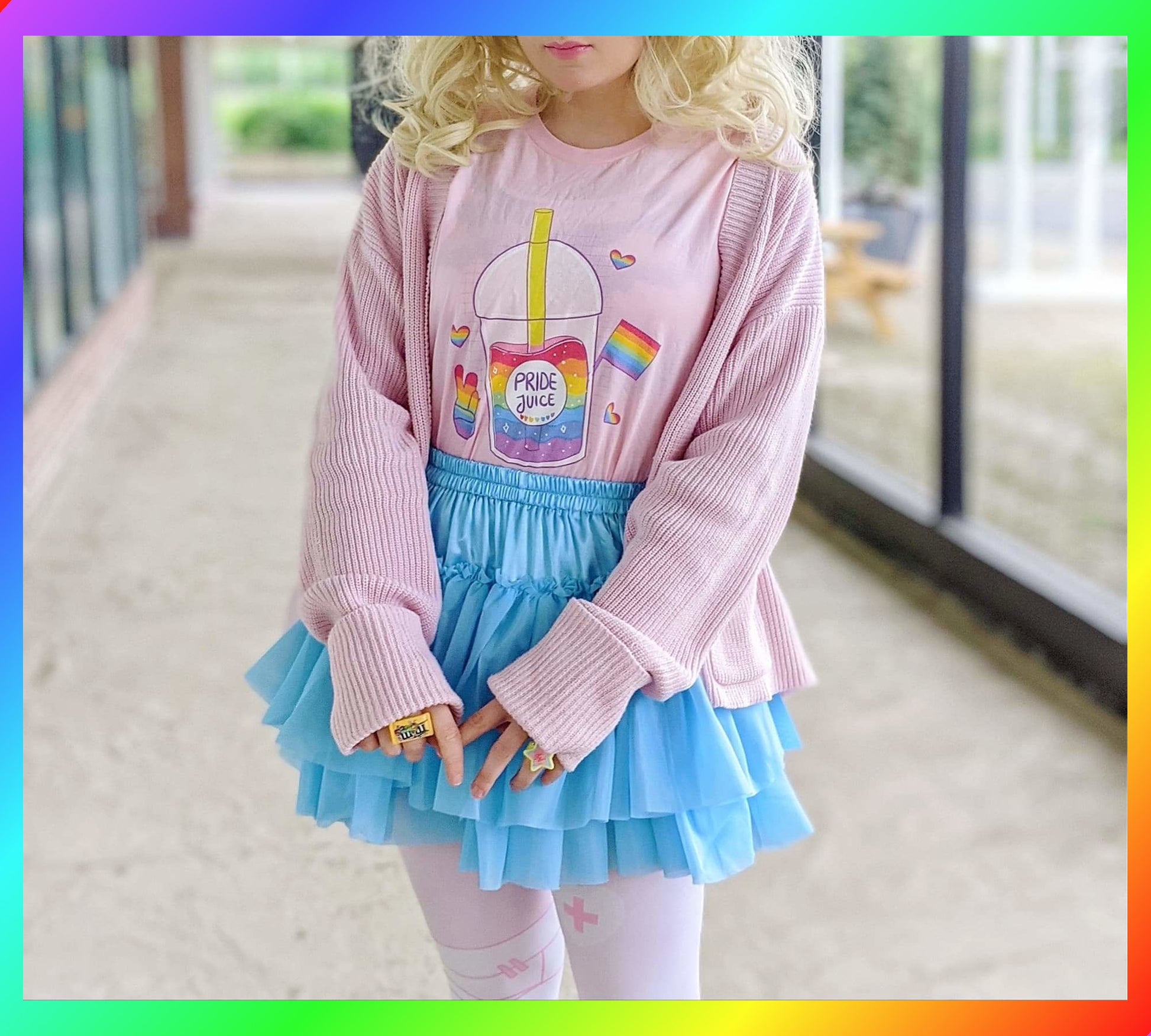 Young girl wearing a Kawaii pride juice t-shirt 