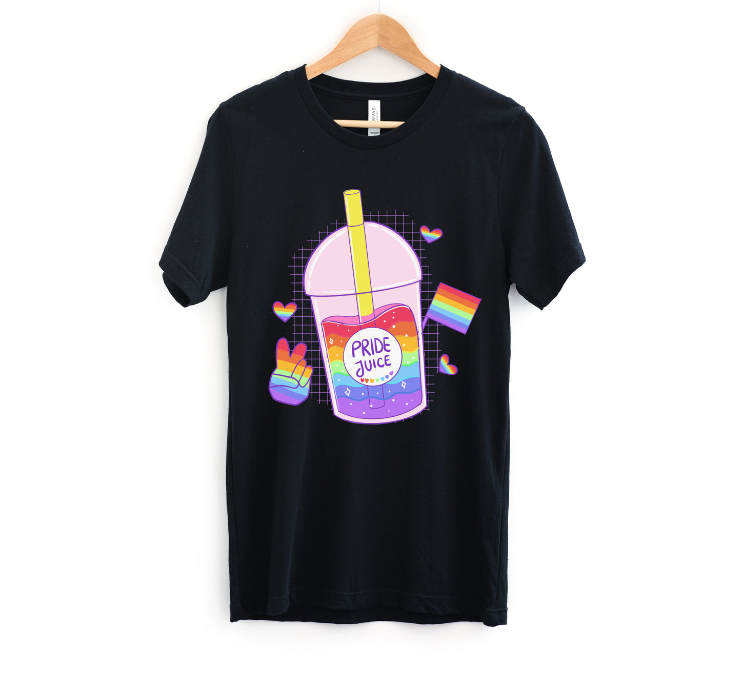 black  LGBT kawaii t-shirt with pride juice on white background.