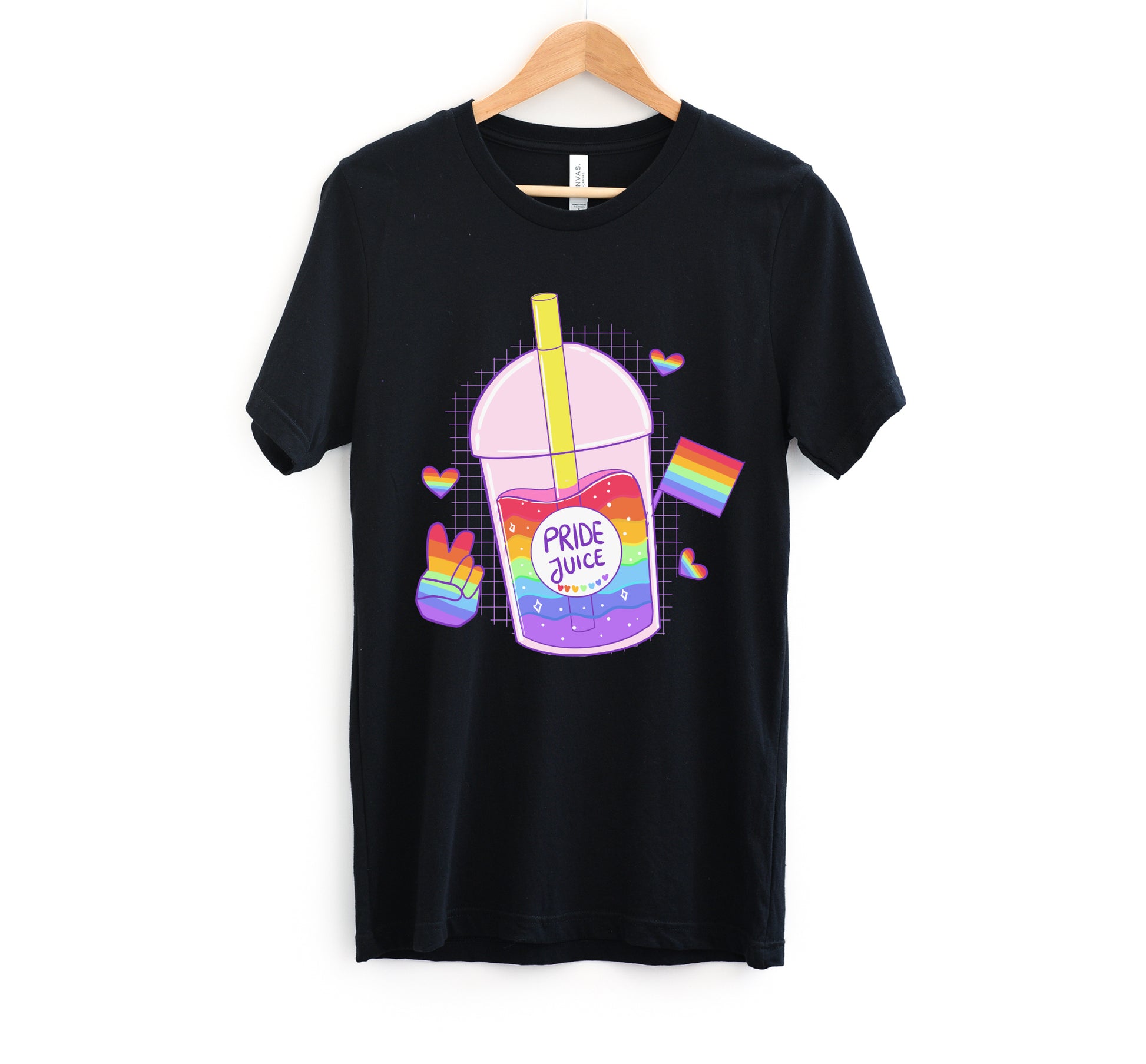 black  LGBT kawaii t-shirt with pride juice on white background.