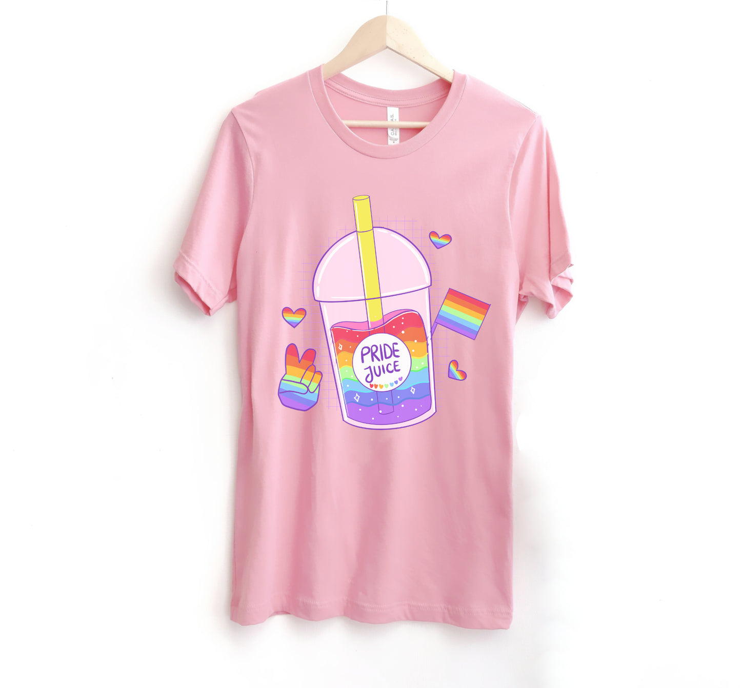 pink LGBT kawaii t-shirt with pride juice on white background.