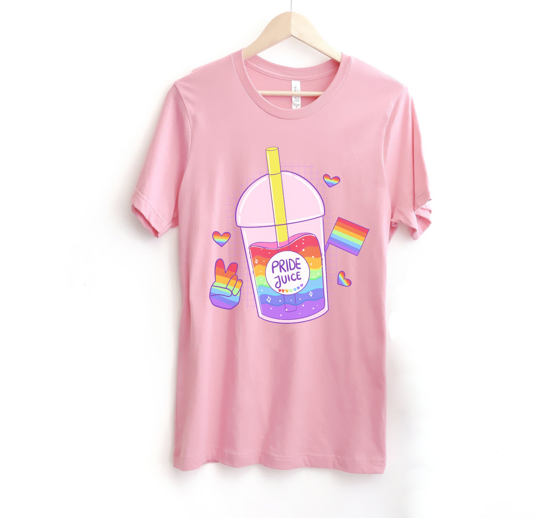 pink LGBT kawaii t-shirt with pride juice on white background.