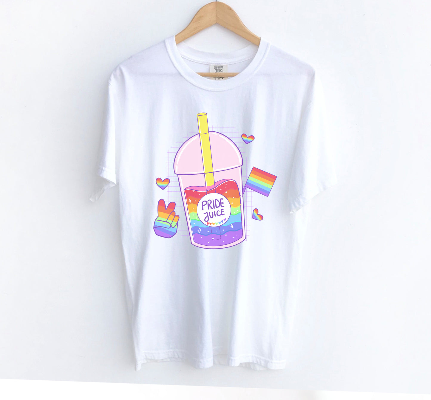 white LGBT kawaii t-shirt with pride juice on white background.