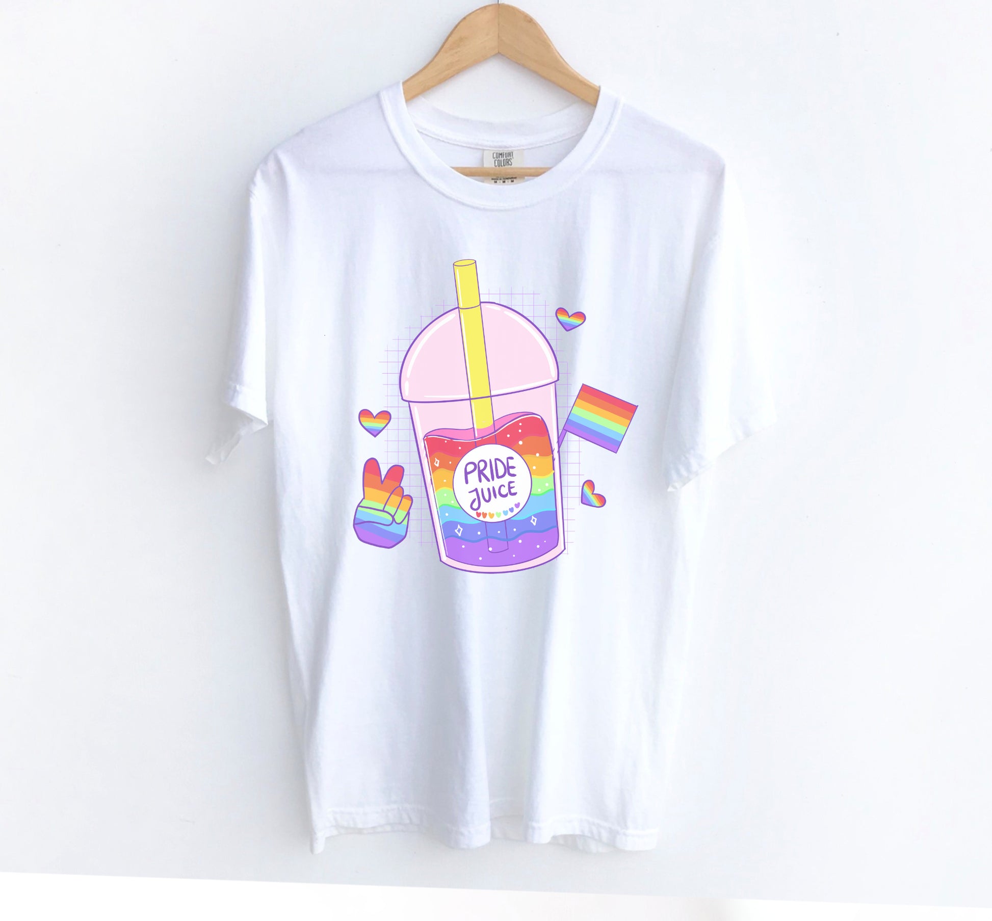 white LGBT kawaii t-shirt with pride juice on white background.